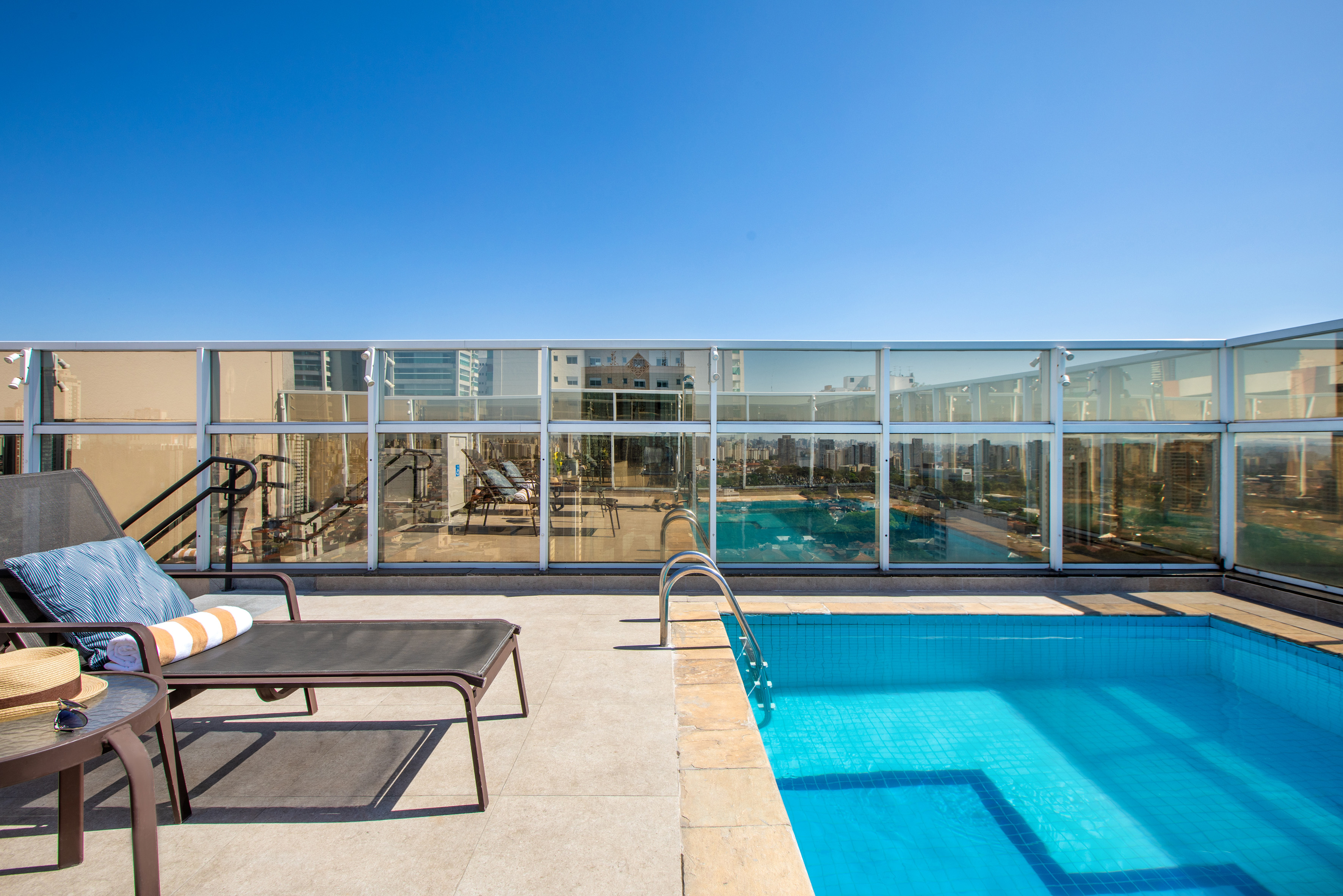 Sunny rooftop pool with city skyline, lounge chair, and glass barrier.