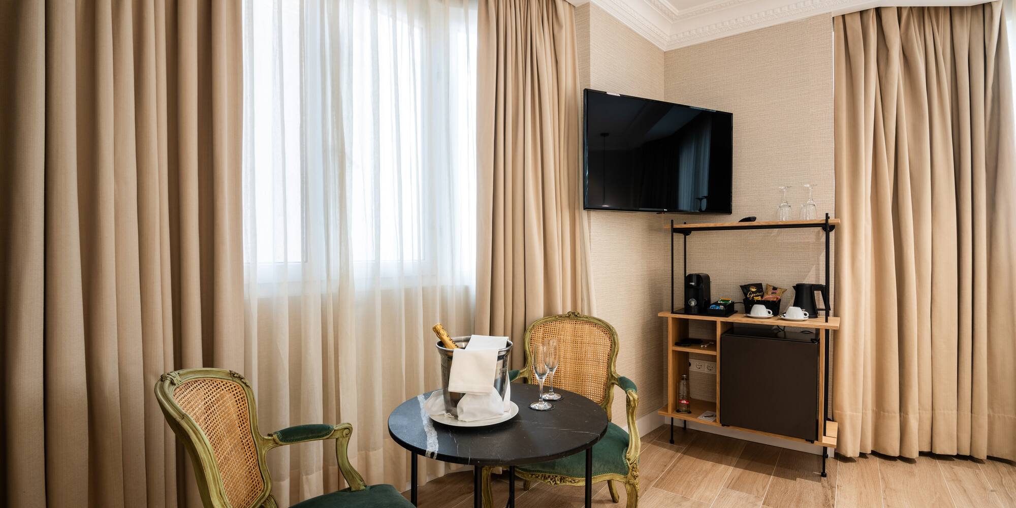 a room with a table and chairs