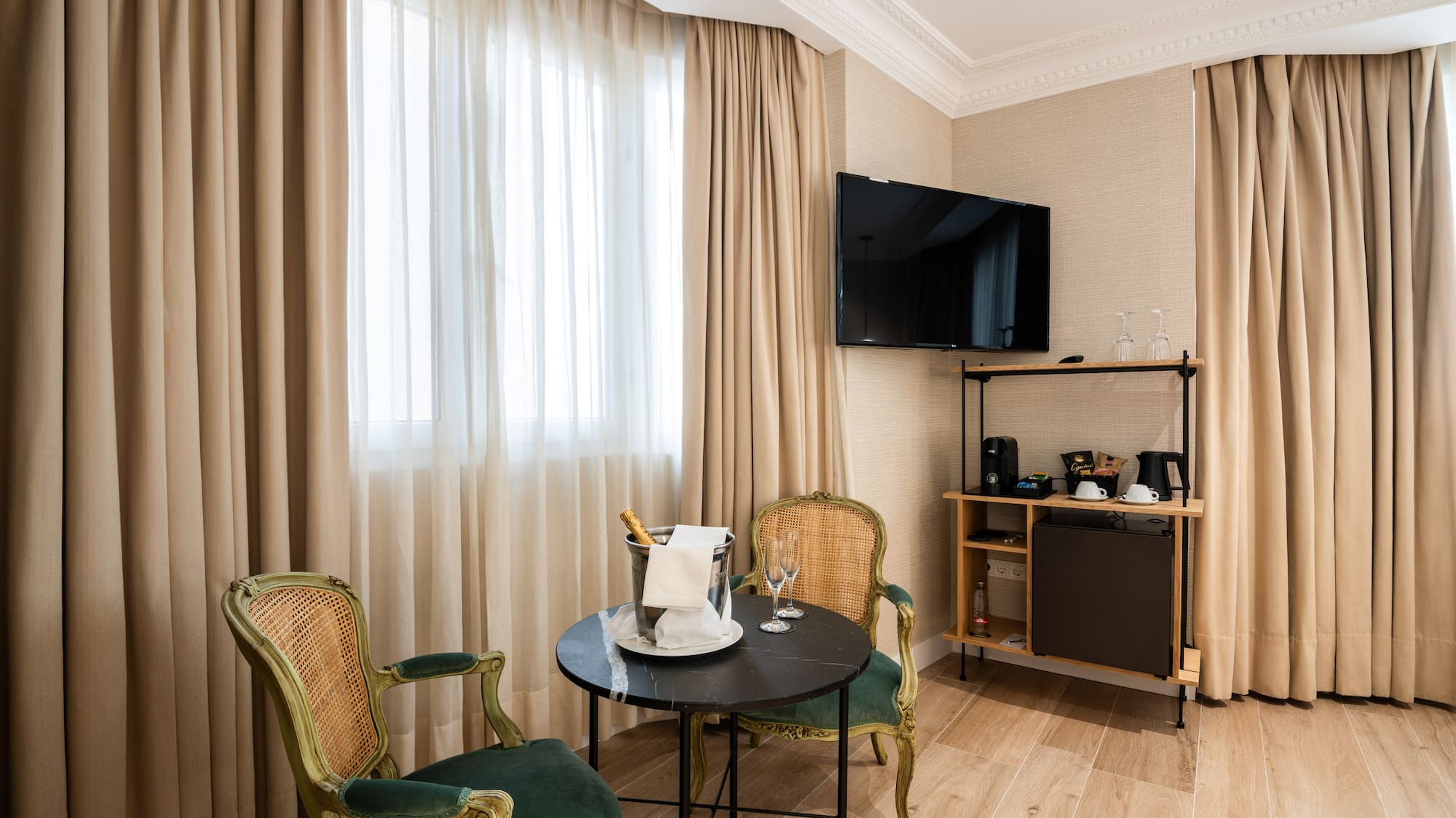 a room with a table and chairs