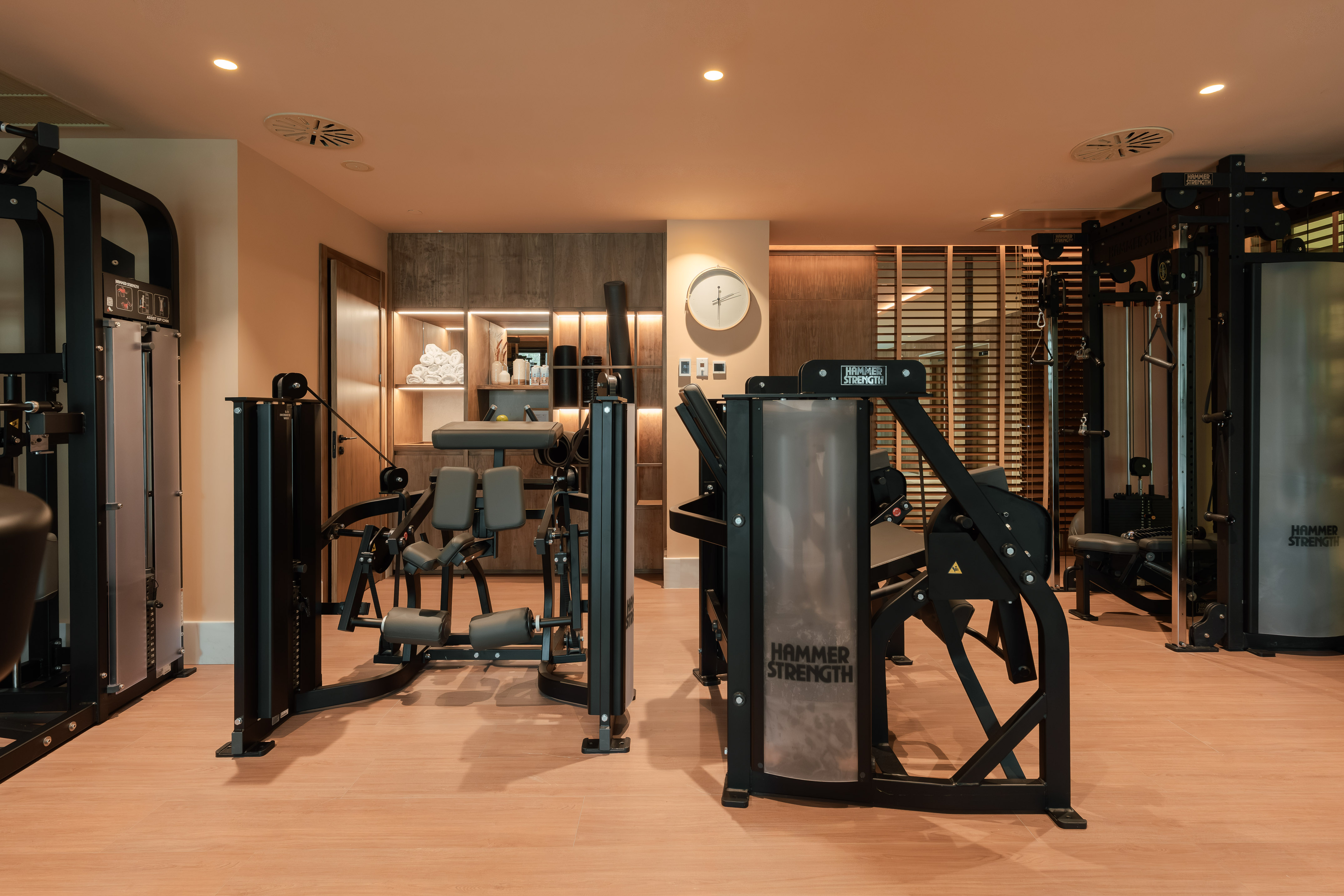 Hotel gym with Hammer Strength strength training machines and wood floor.