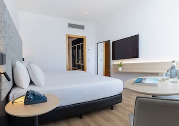 a bedroom with a bed and a television