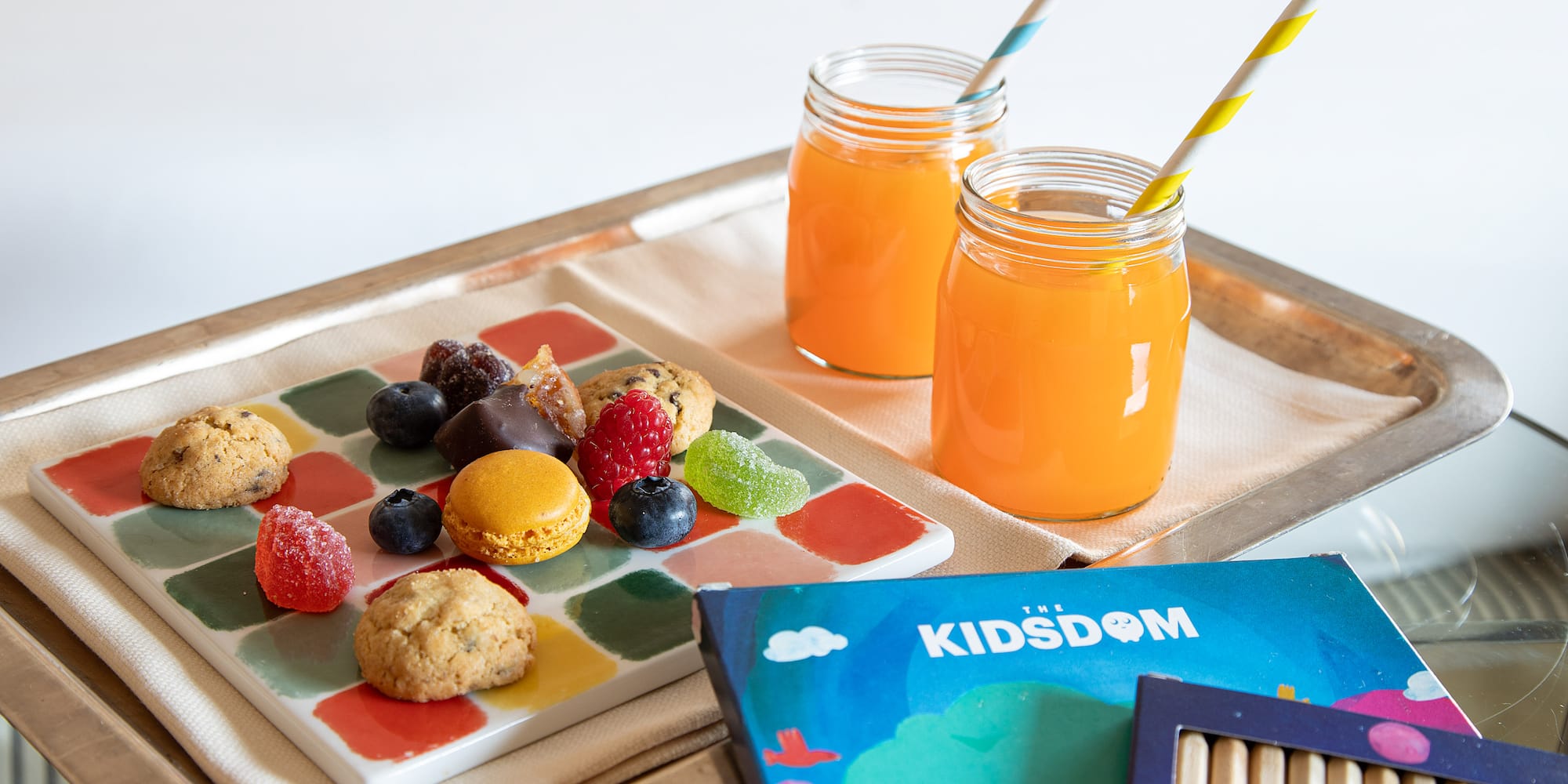 a tray with food and drinks on it