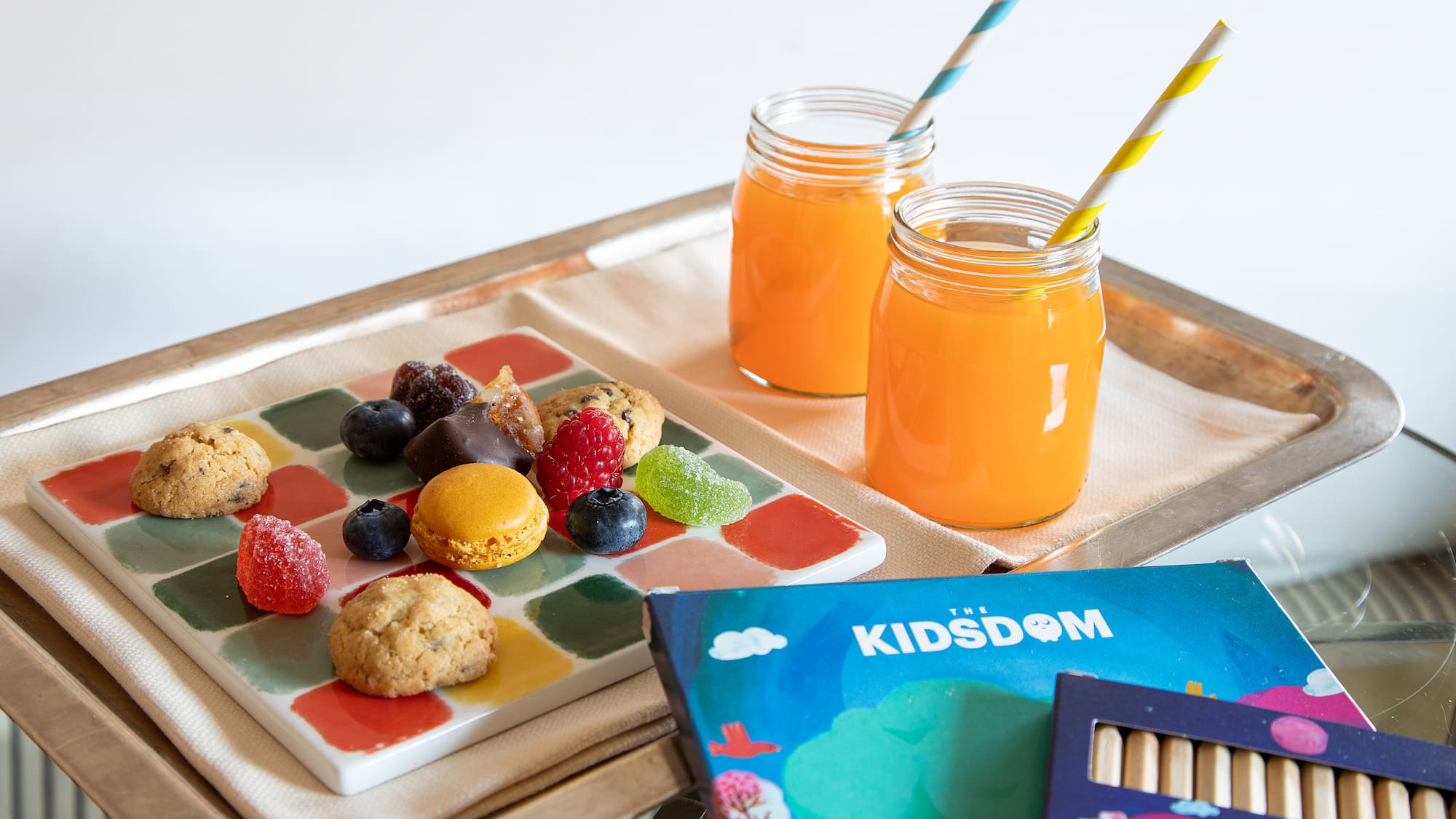 a tray with food and drinks on it