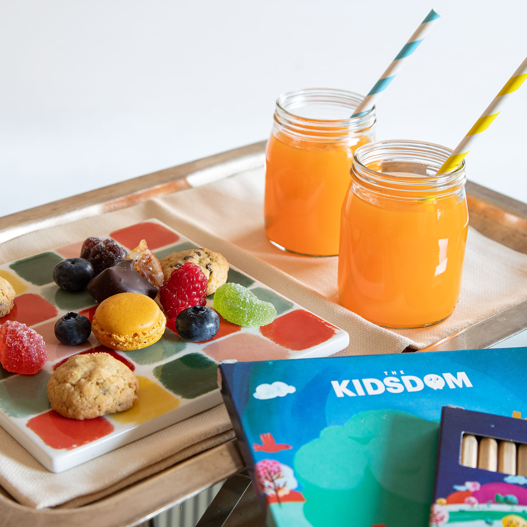 a tray with food and drinks on it