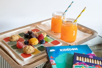 a tray with food and drinks on it