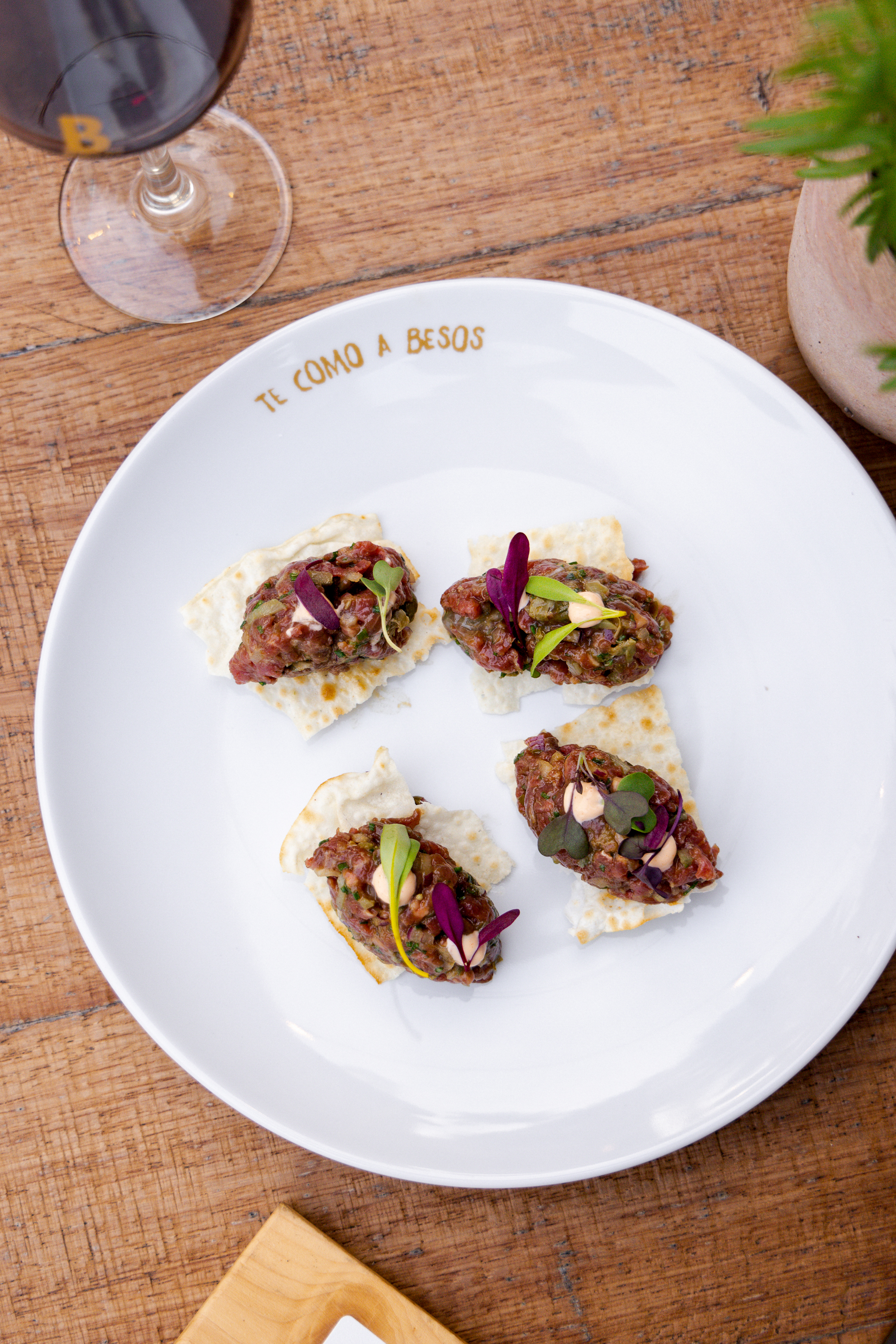 Four beef tartare appetizers with microgreens on crackers, red wine.