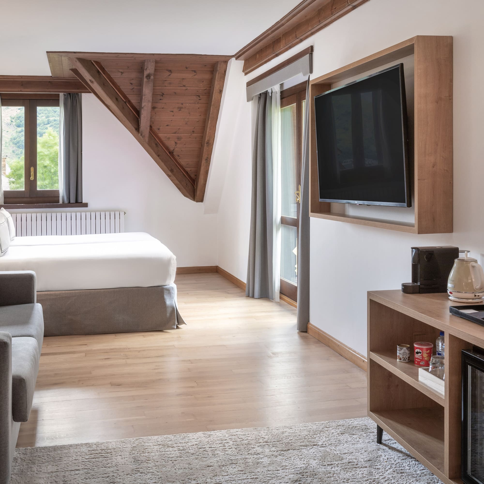 a room with a tv and a bed