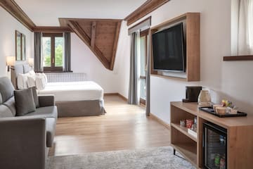 a room with a tv and a bed