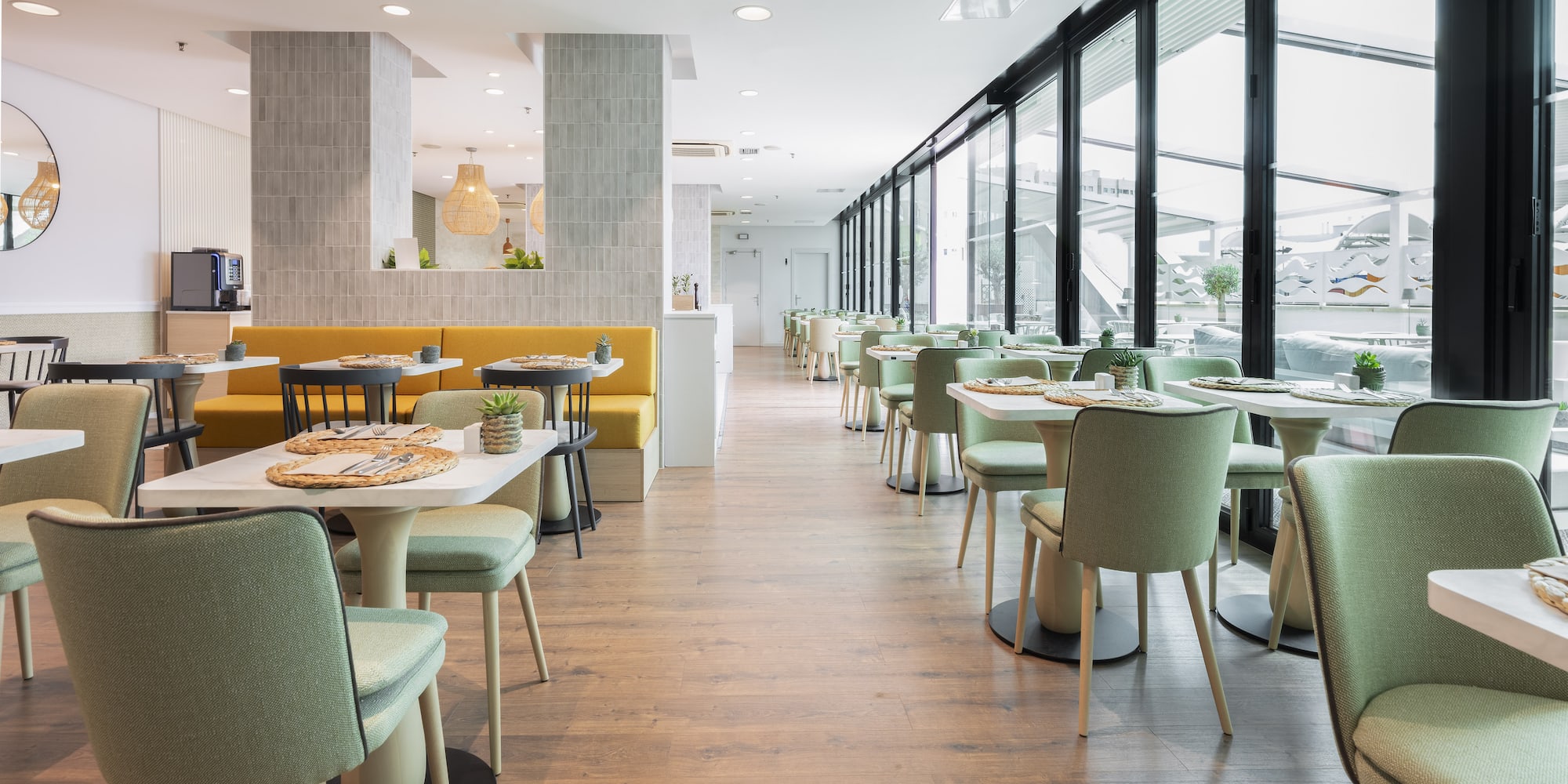 a room with tables and chairs