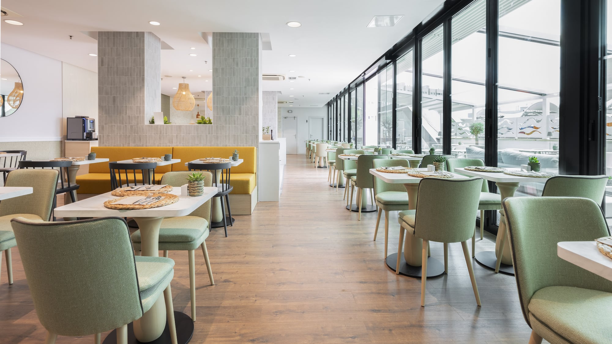 a room with tables and chairs