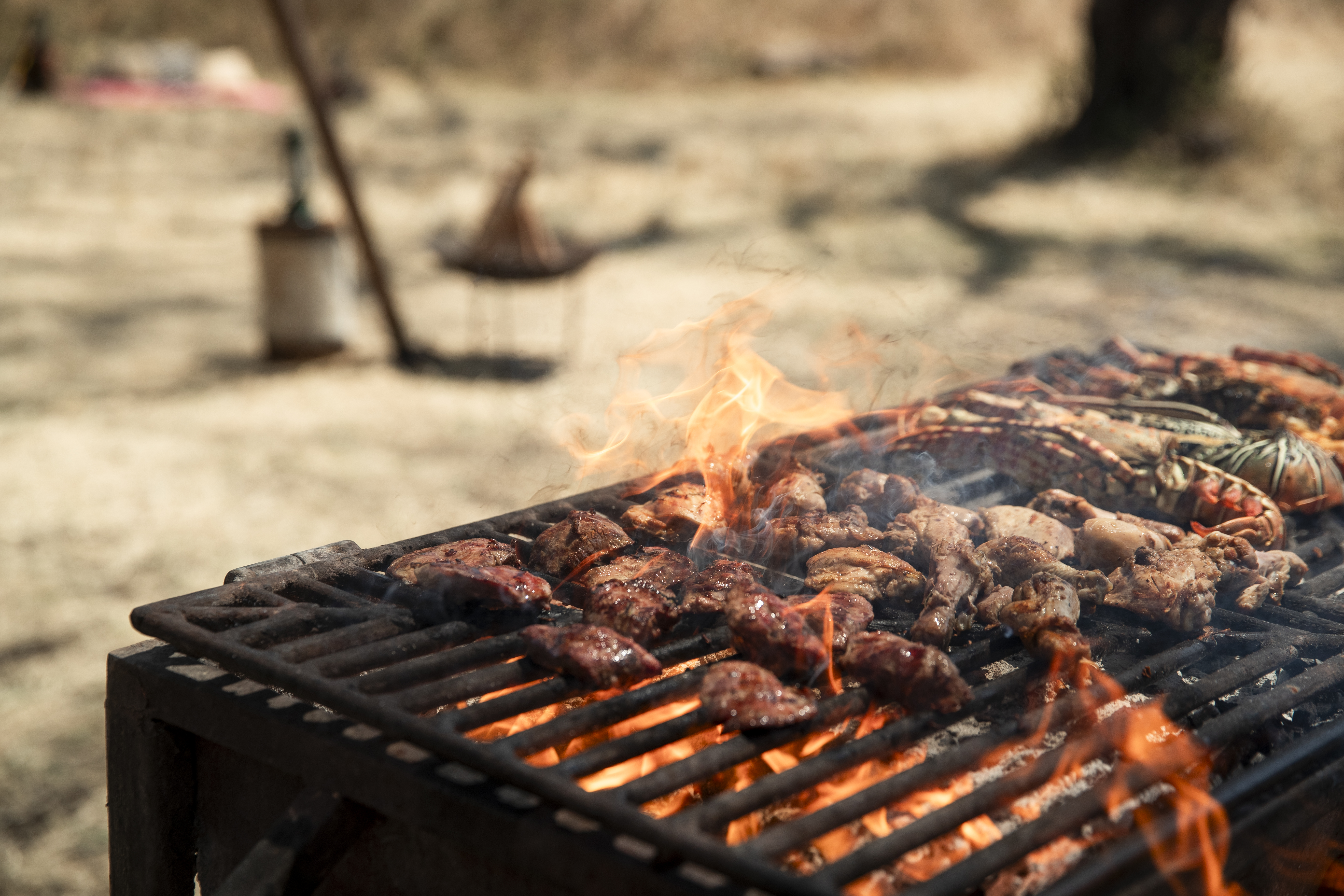 meat on a grill with flames