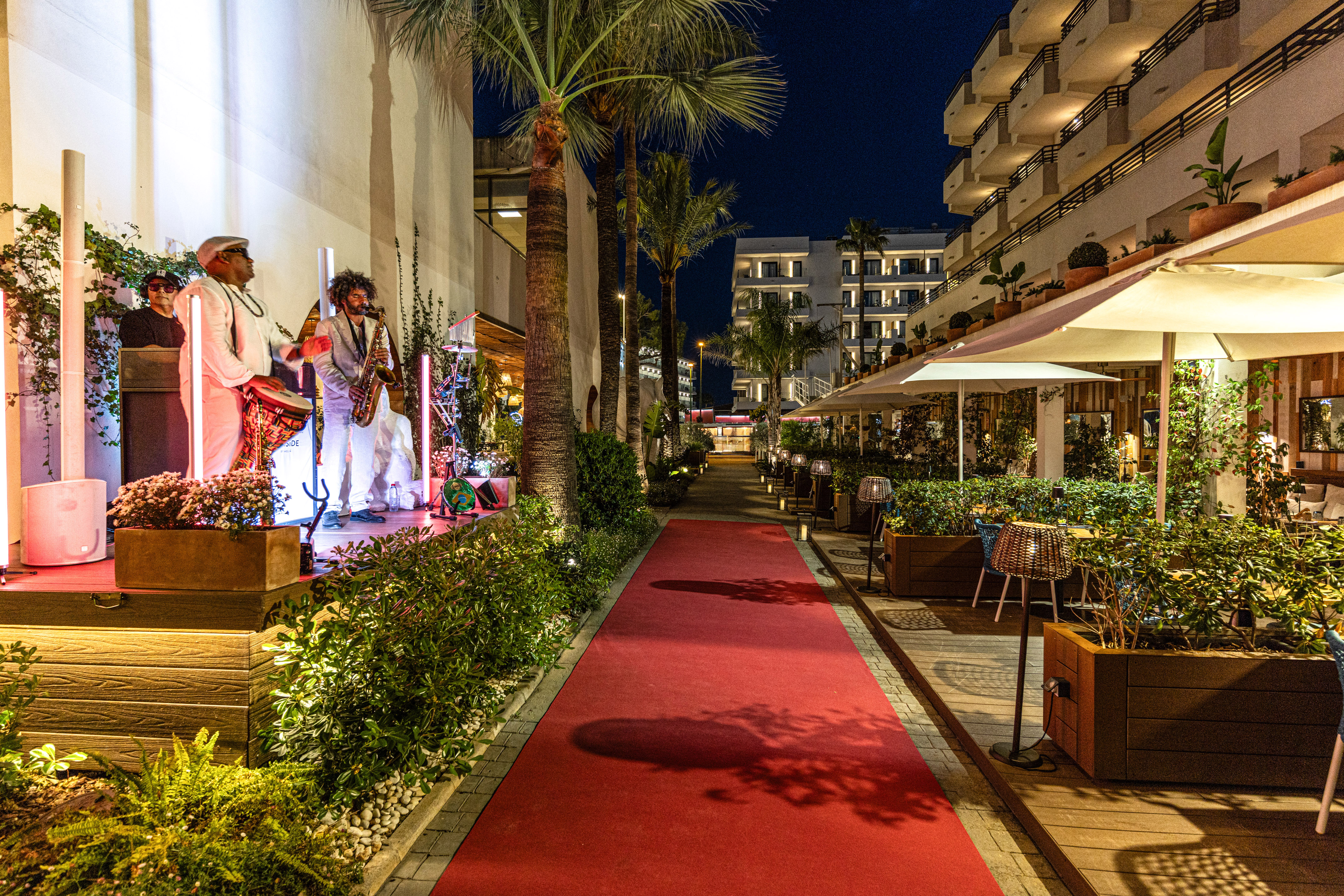 Evening red carpet event with live band, illuminated hotel patio, and palm trees.