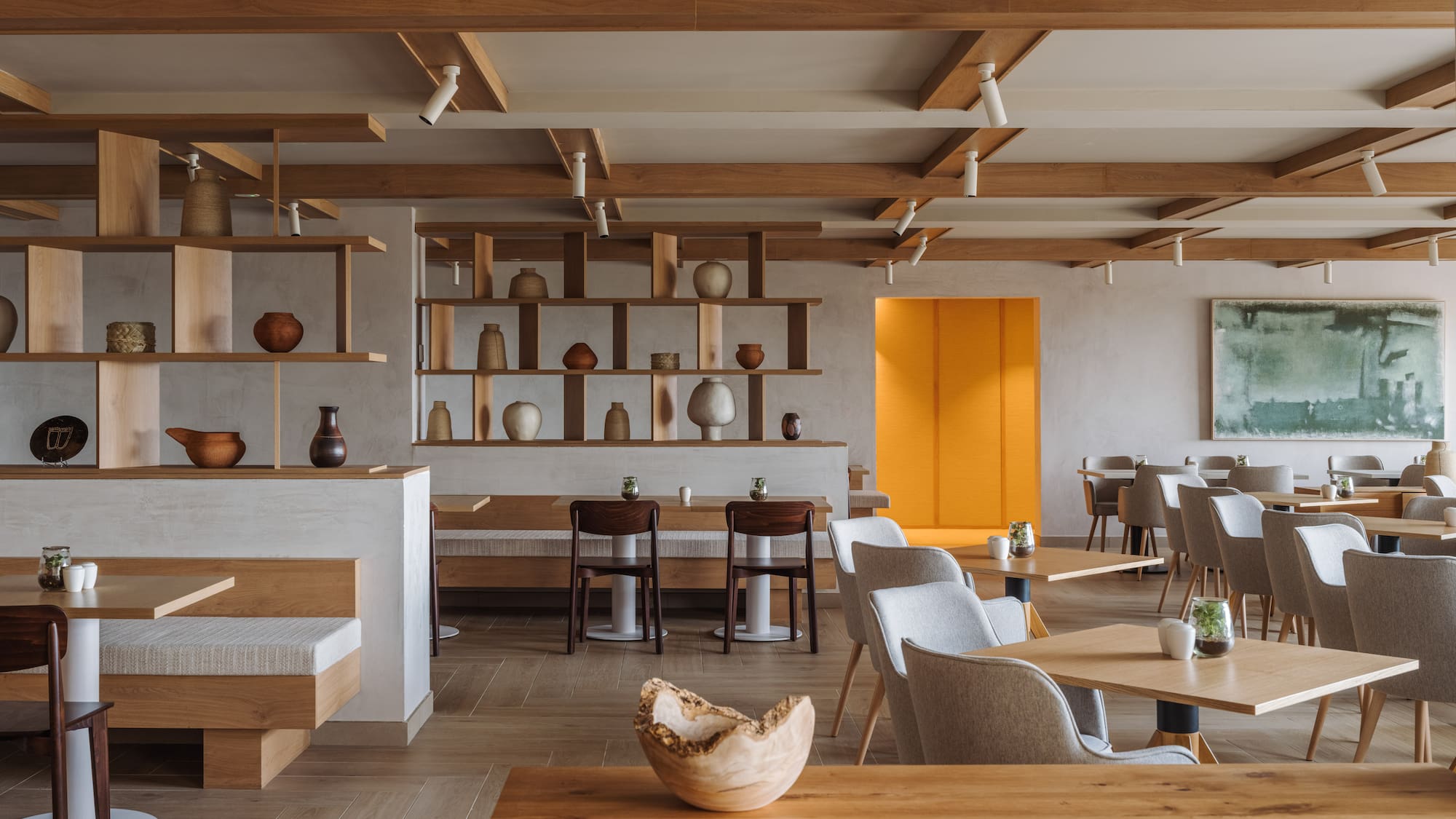 a room with tables and chairs