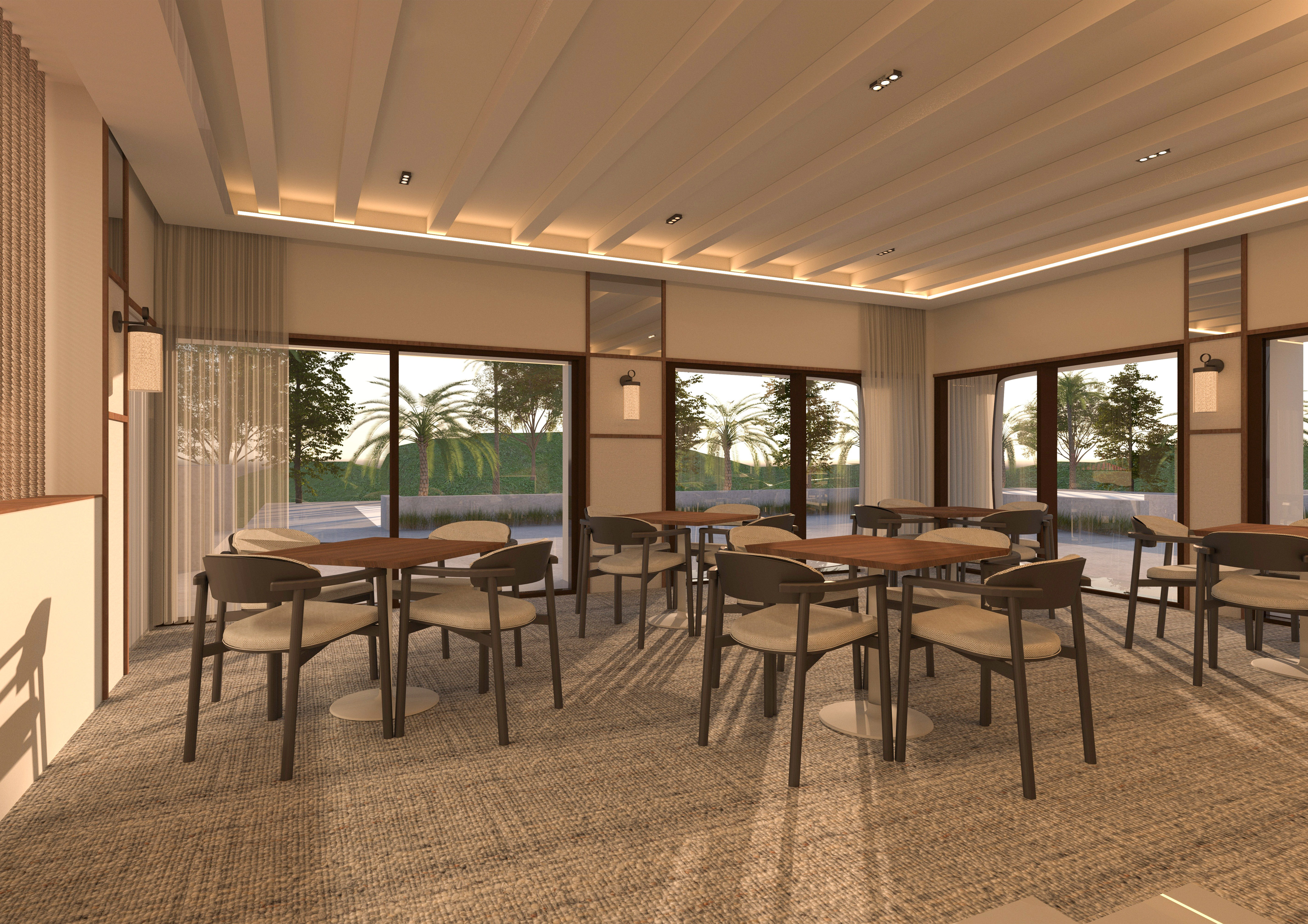 Modern restaurant interior with wooden tables and scenic window views. - Bridge Room - Hotel Golf Santa Ponsa Meliá Collection, مايوركا