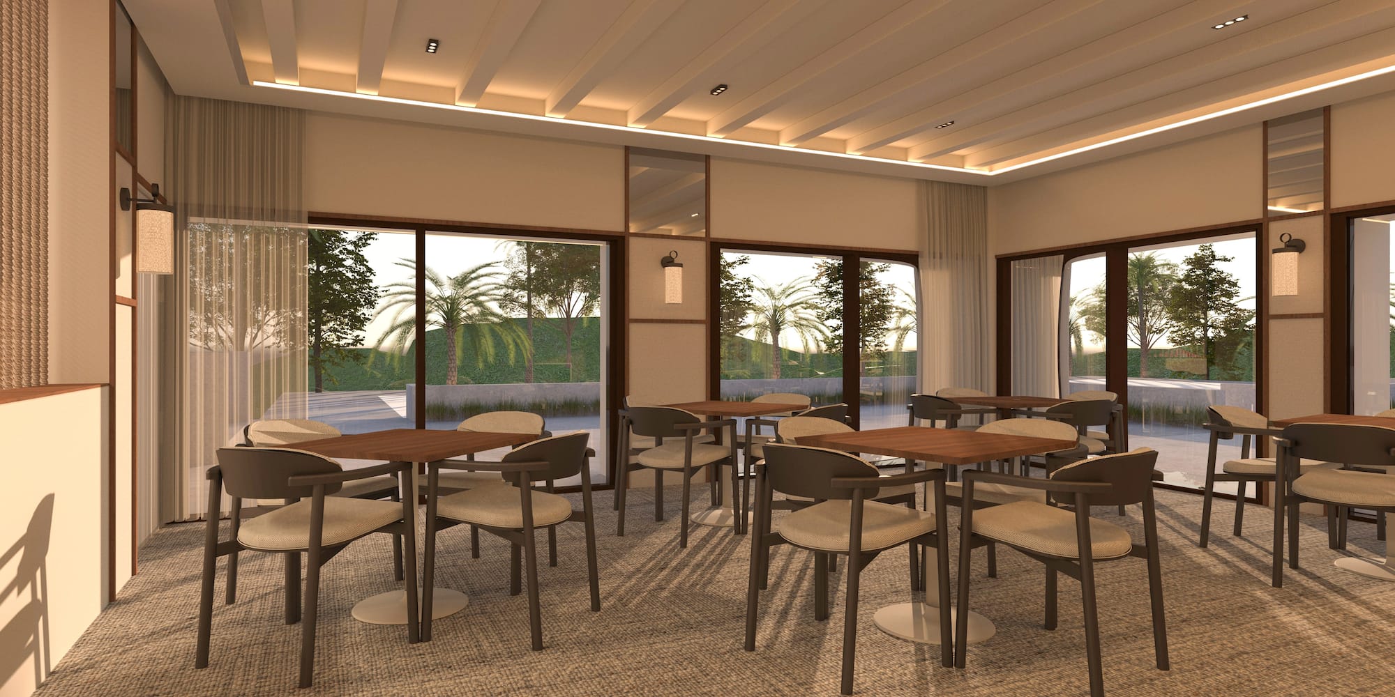 Modern restaurant interior with wooden tables and scenic window views. - Bridge Room - Hotel Golf Santa Ponsa Meliá Collection, Μαγιόρκα
