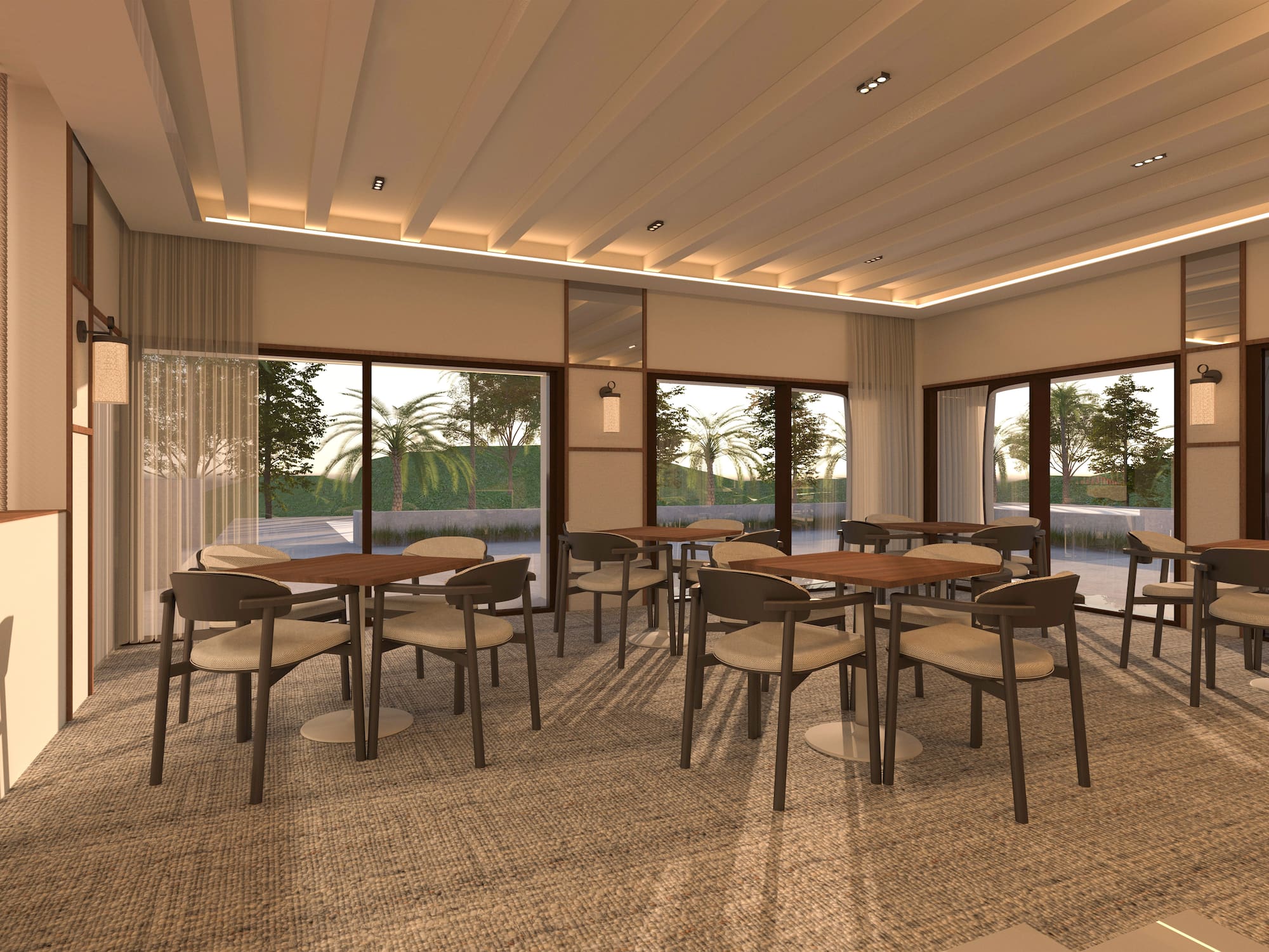 Modern restaurant interior with wooden tables and chairs, large windows, and tropical outdoor views. - Bridge Room - Hotel Golf Santa Ponsa Meliá Collection, Μαγιόρκα