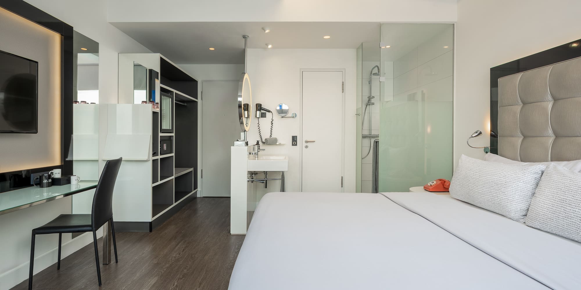 a room with a bed and a sink