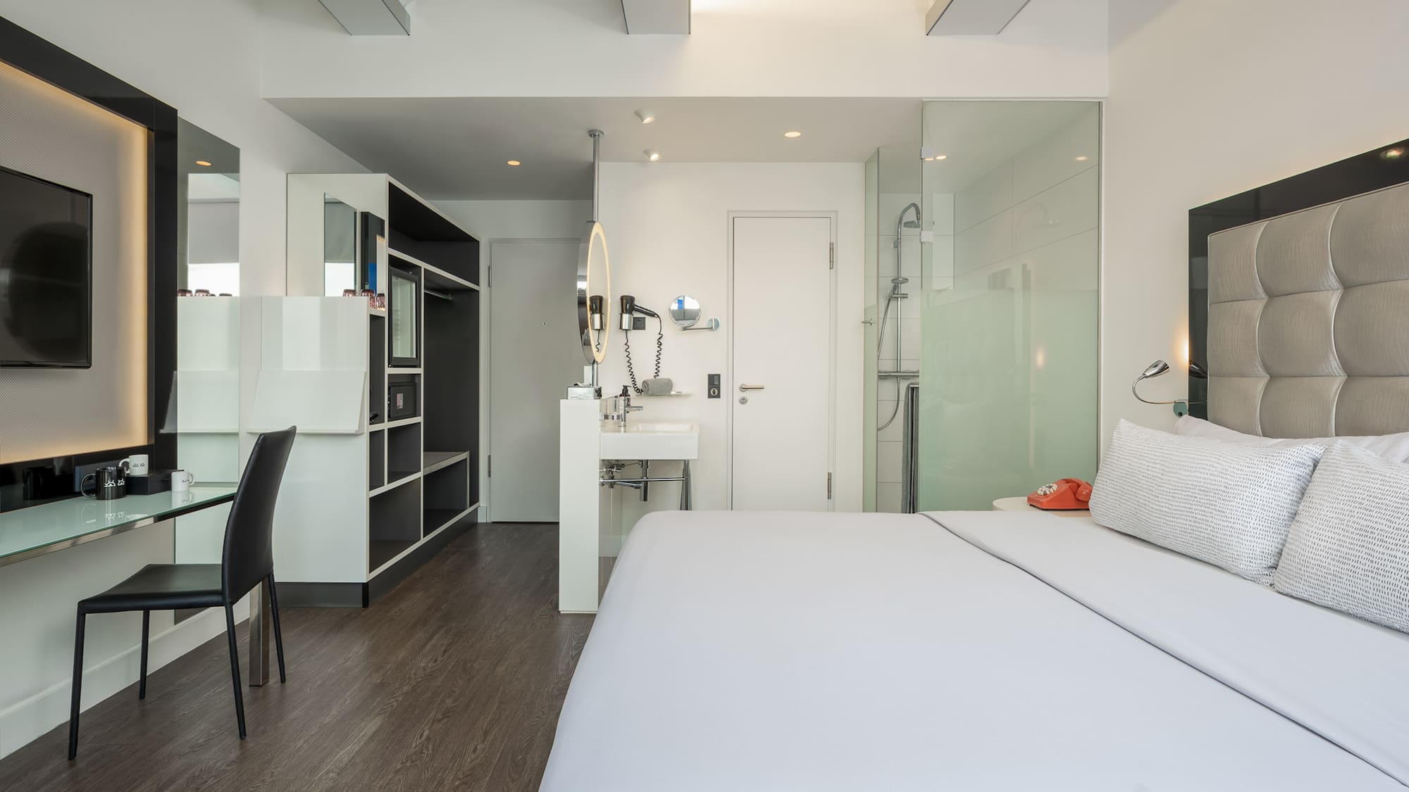 a room with a bed and a sink