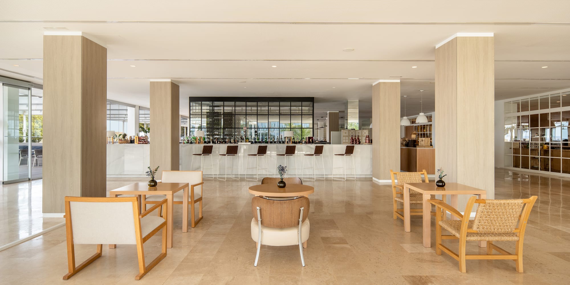 a room with chairs and tables