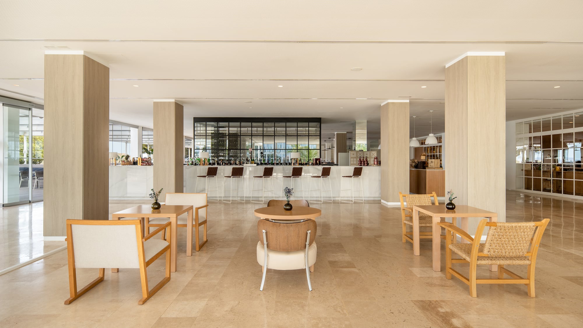 a room with chairs and tables