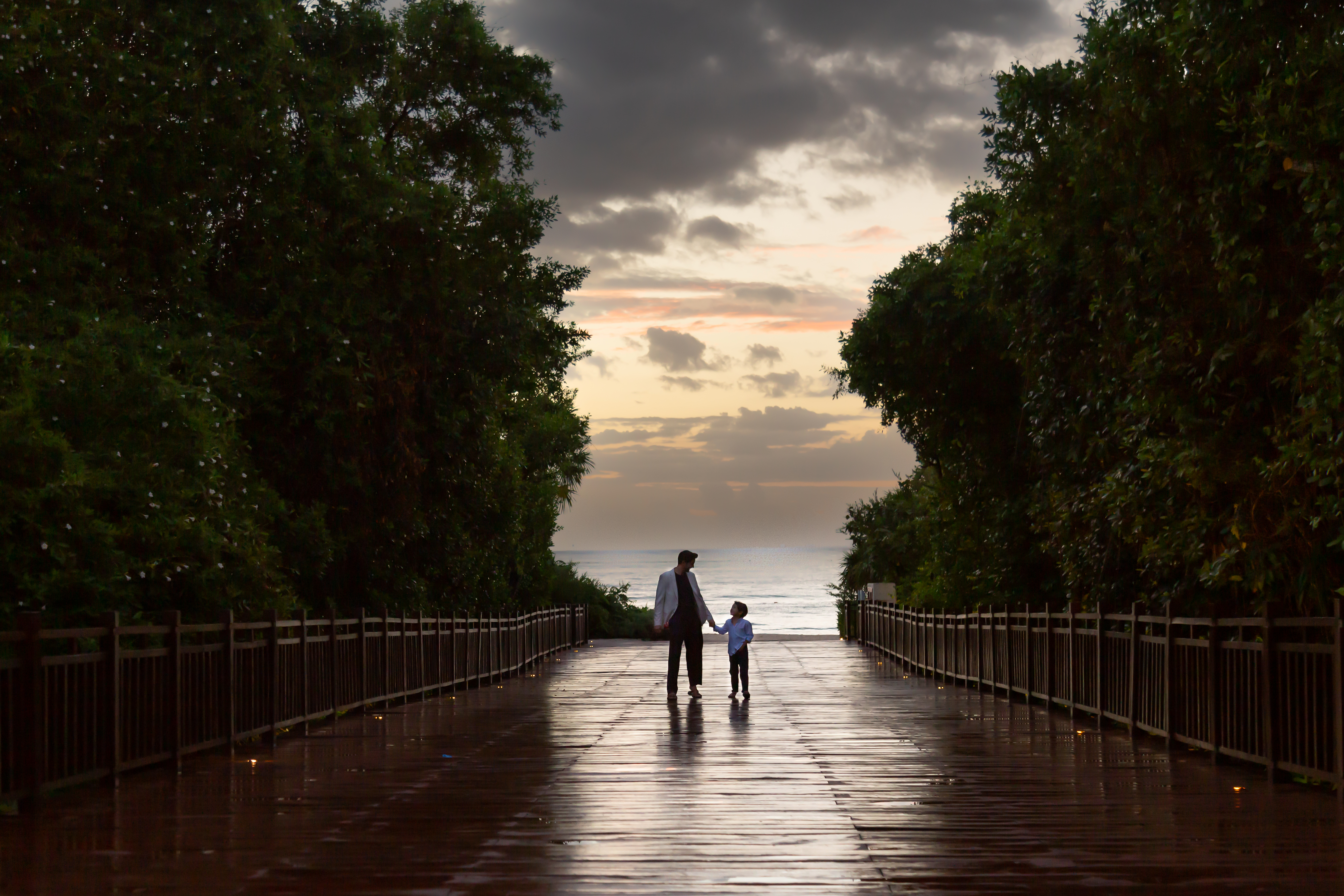 a man and child walking on a wet walkway with trees and water