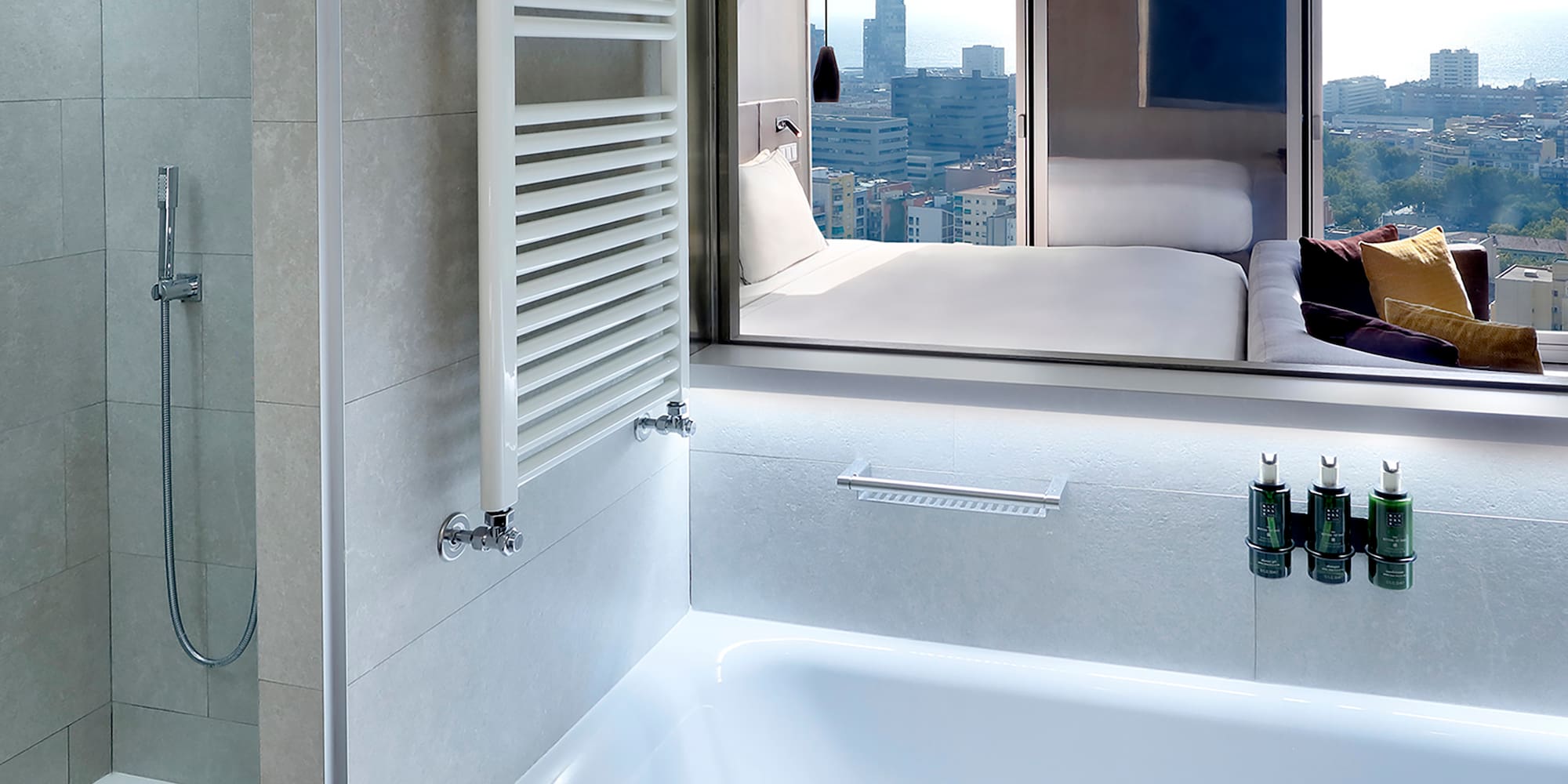 a bathroom with a bathtub and a mirror