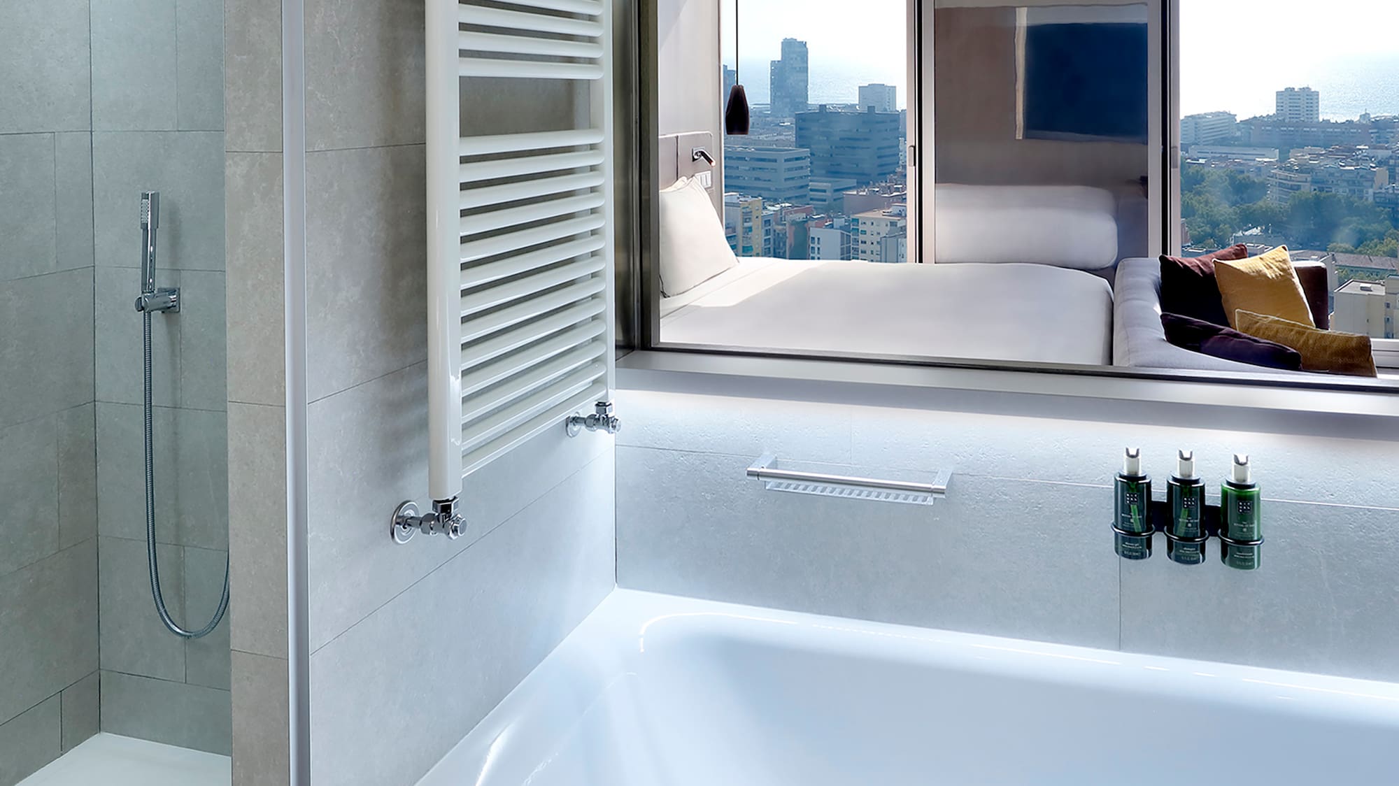 a bathroom with a bathtub and a mirror