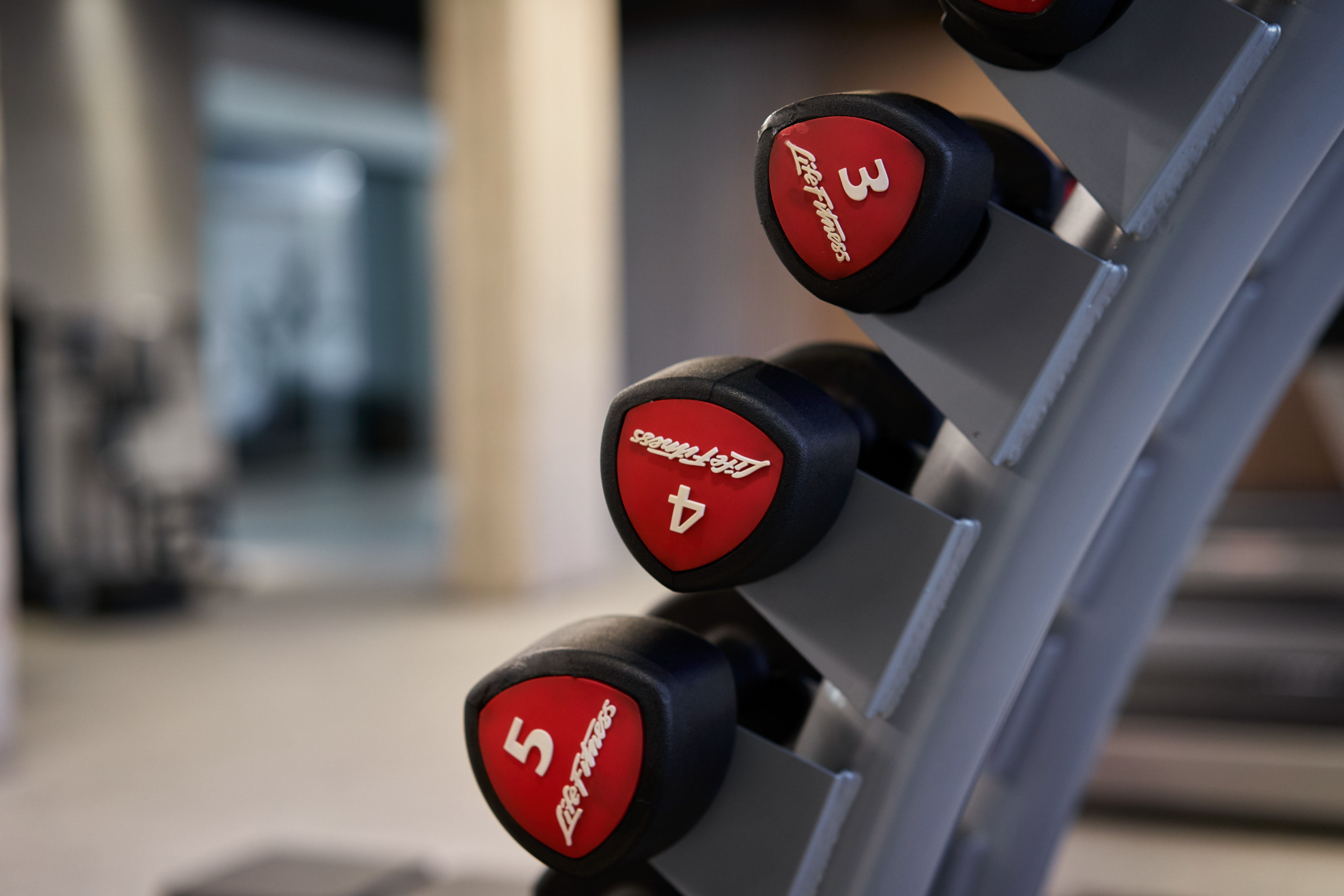 Life Fitness dumbbells (3, 4, 5) on a rack in a modern fitness center.