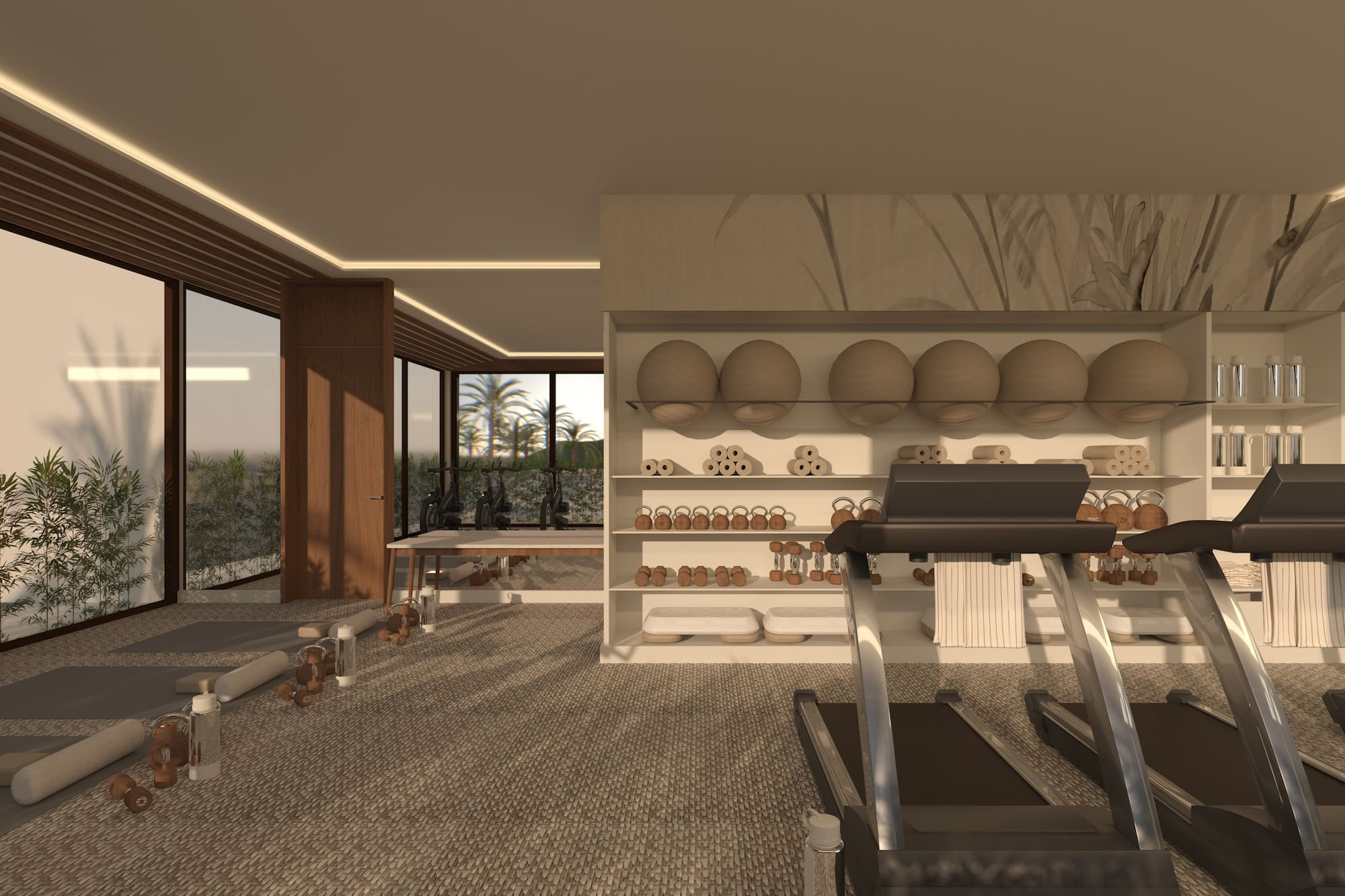 Gimnasio moderno con cinta de correr, mancuernas y grandes ventanales con vistas. - Gimnasio - Hotel Golf Santa Ponsa Meliá Collection, Mallorca