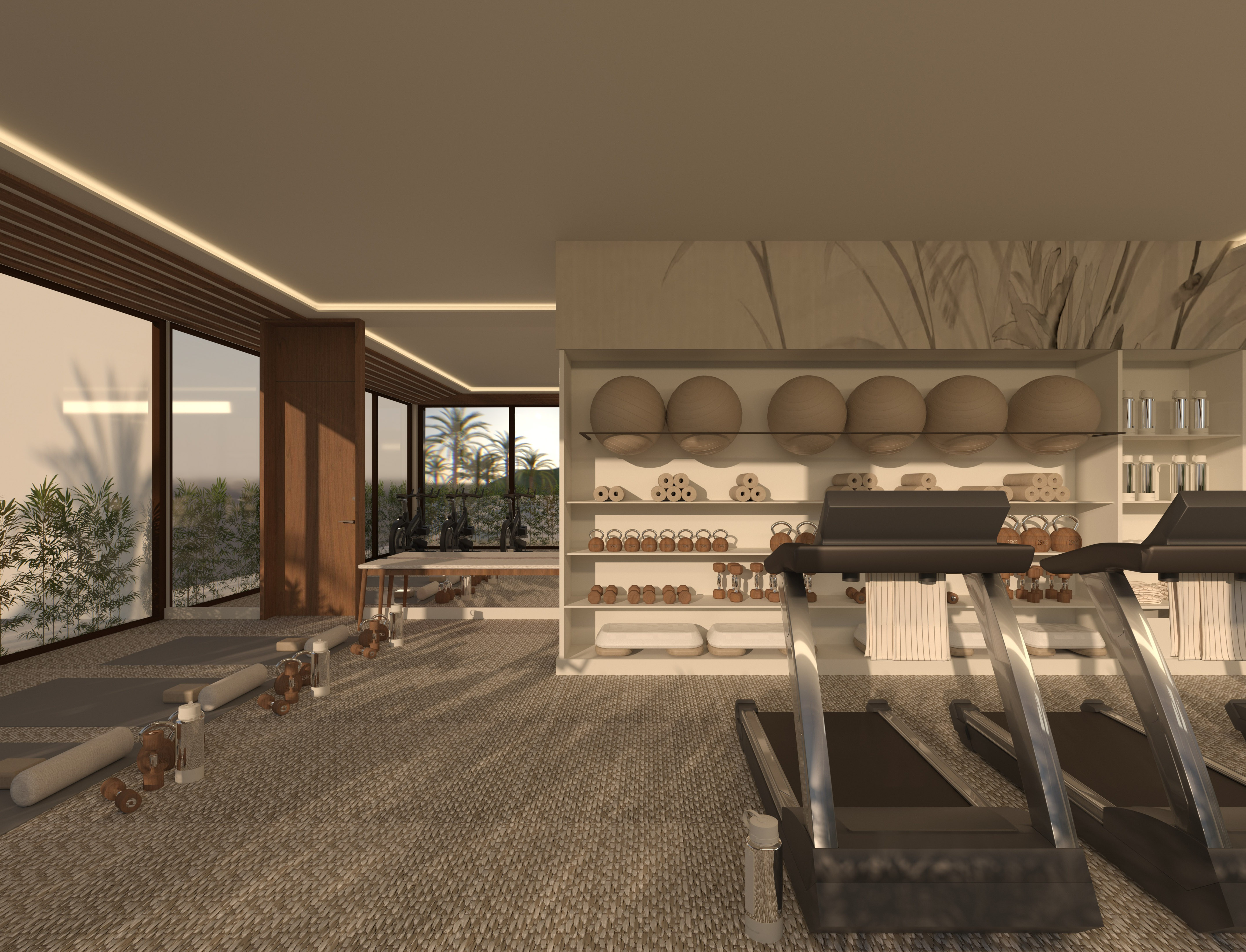 صالة رياضية حديثة بها أجهزة مشي وأرفف دُمبل وأرفف كرات طبية ونوافذ زجاجية. - Gym - Hotel Golf Santa Ponsa Meliá Collection, مايوركا