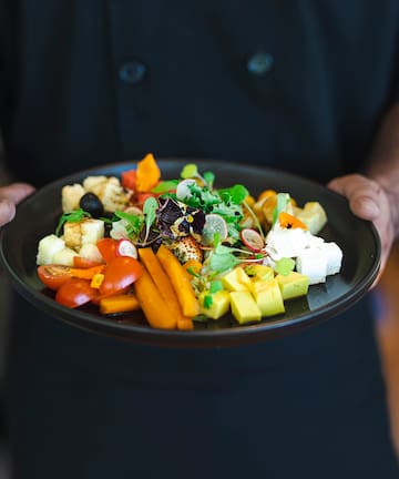 a person holding a plate of food