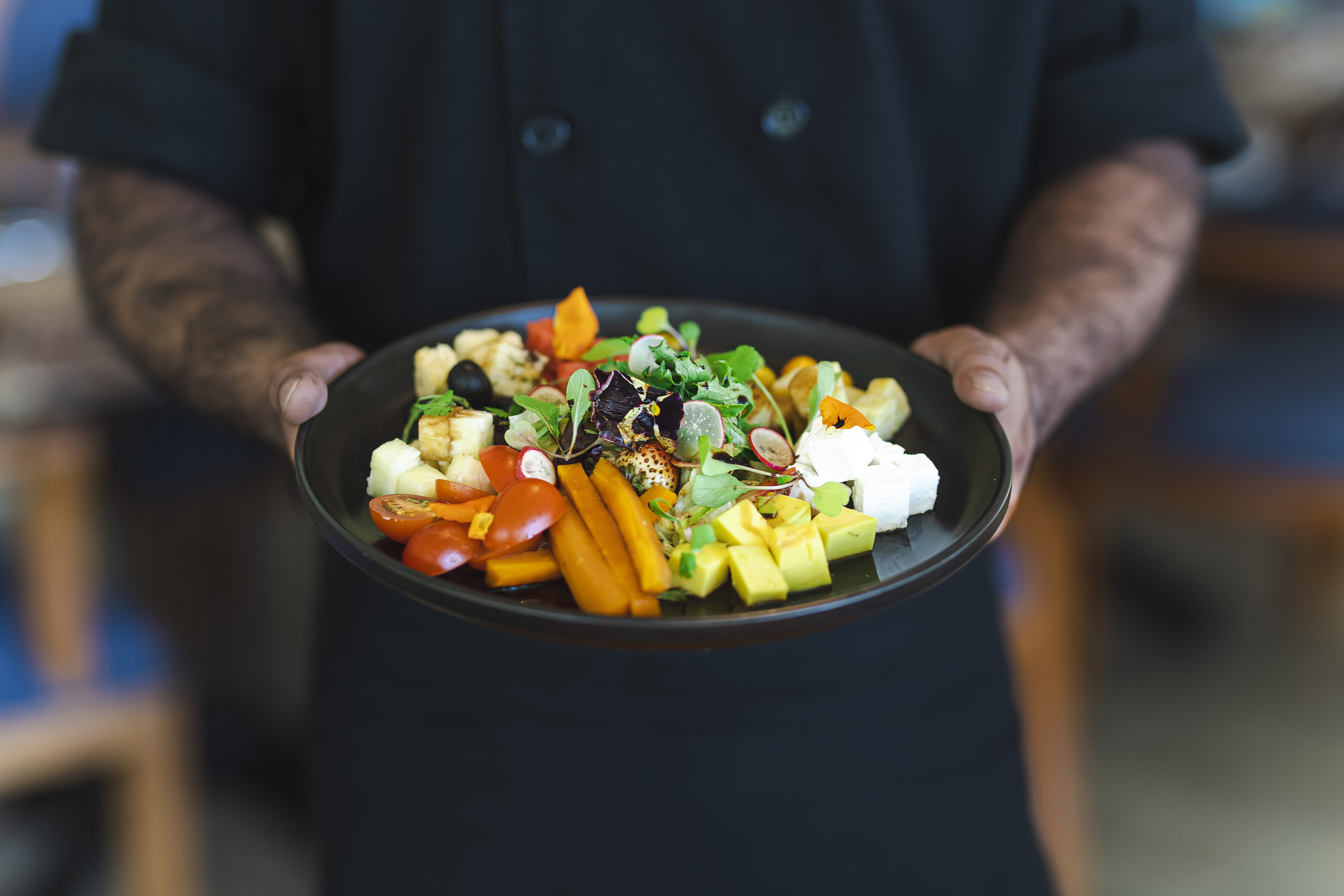 Chef presenting a colorful fresh salad appetizer with feta, tomatoes, and greens.