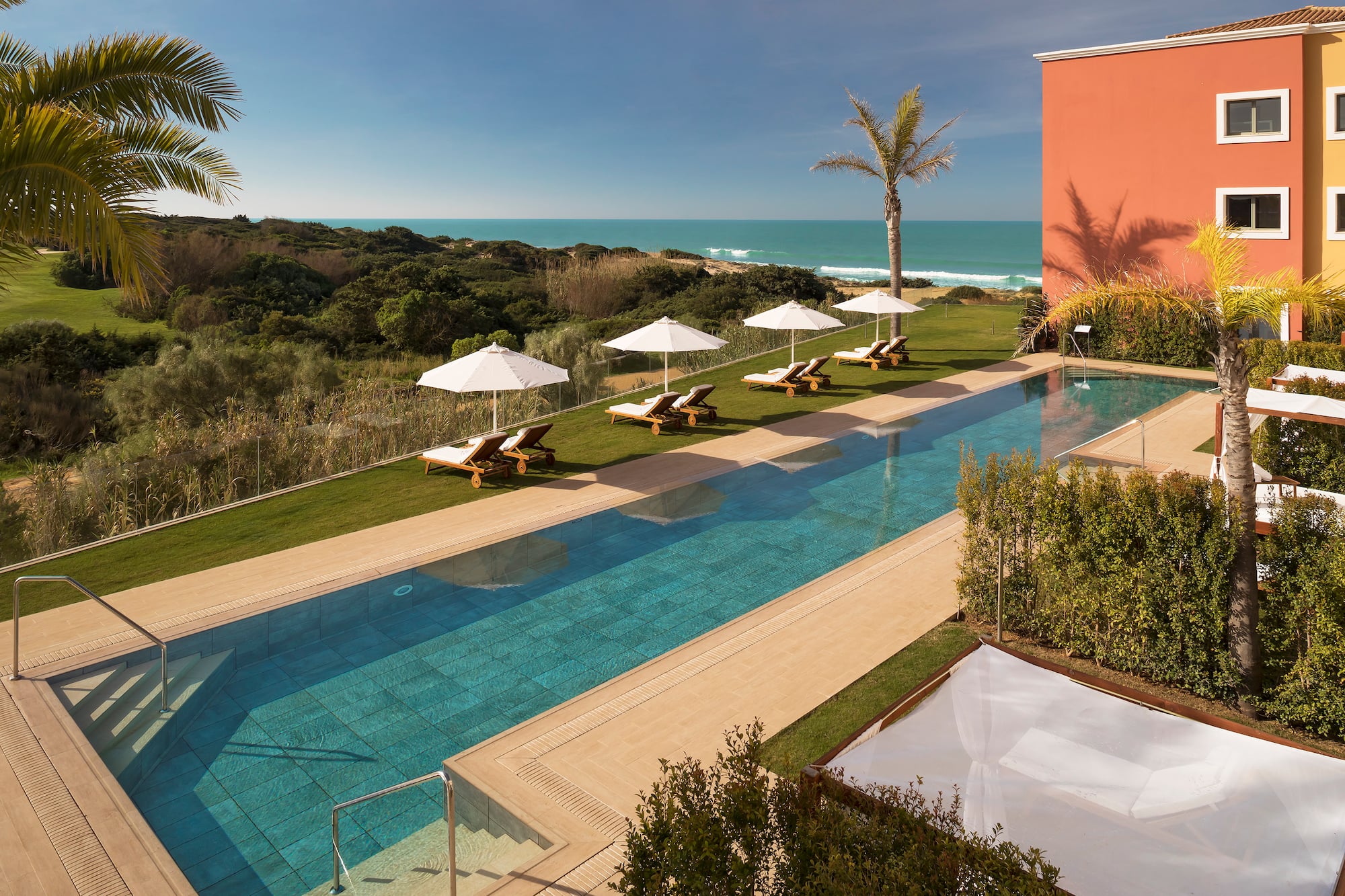 Luxury resort outdoor pool with ocean view, sunbeds, and palm trees.
