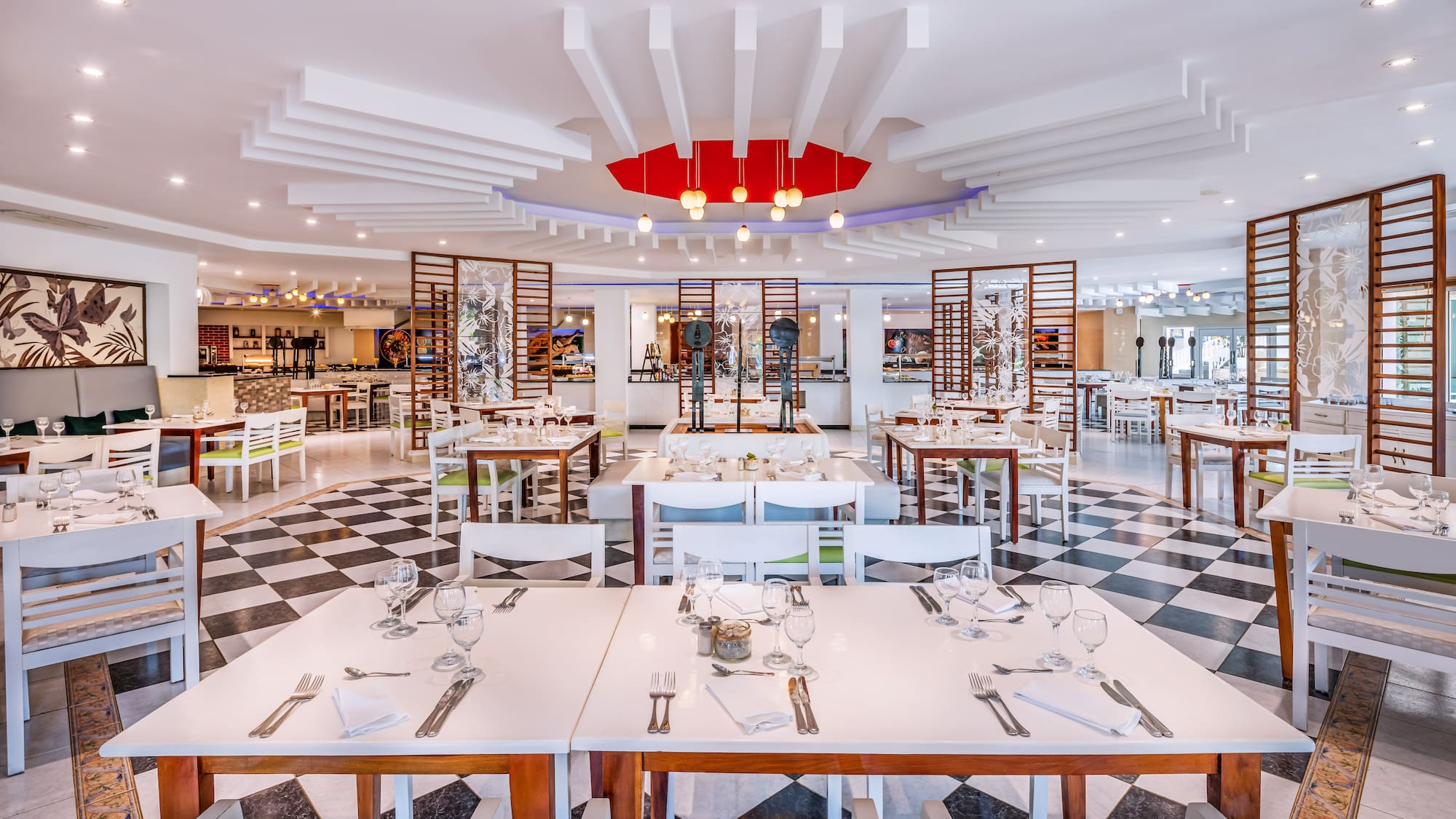 a restaurant with tables and chairs