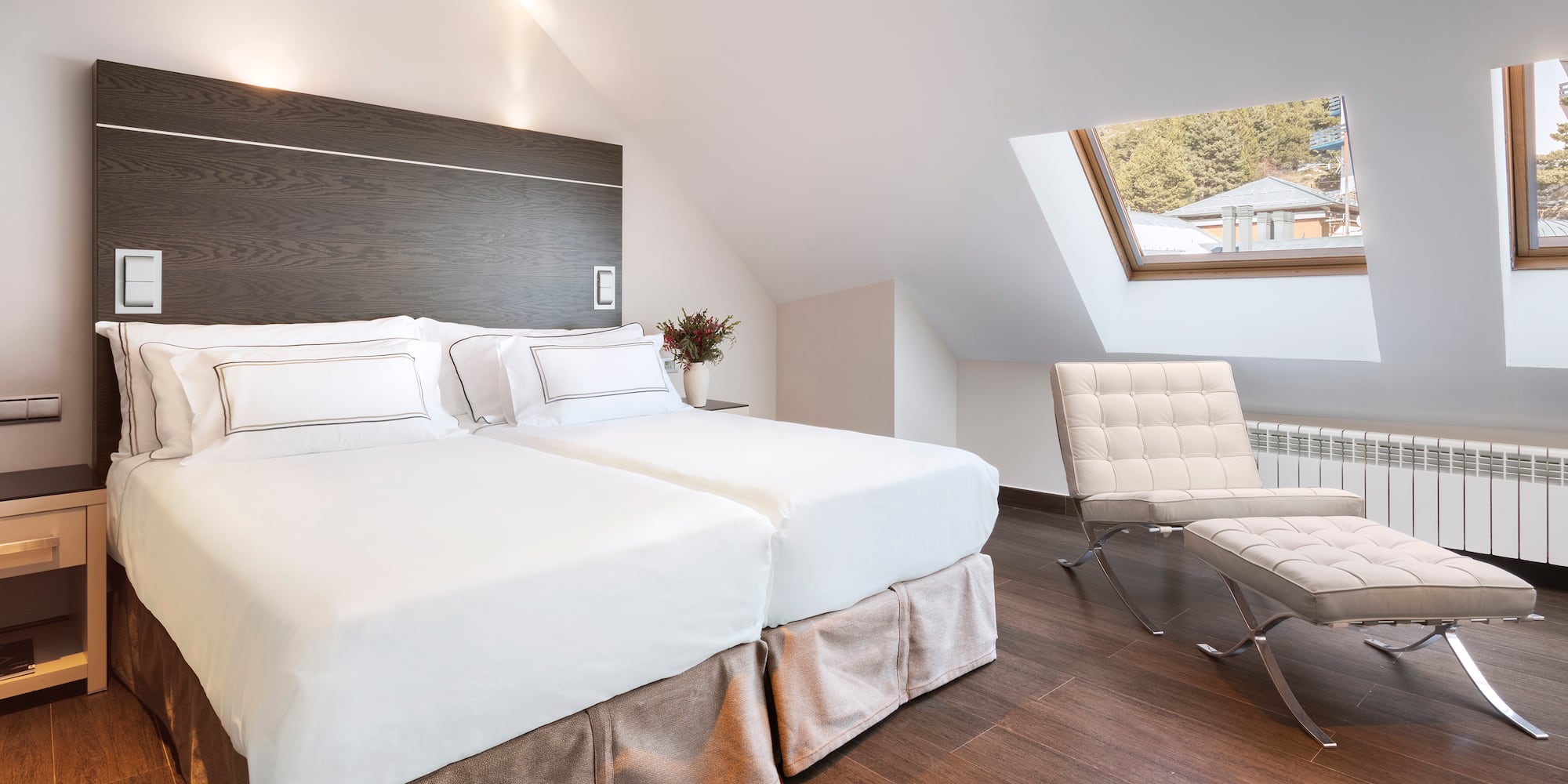 a bedroom with a skylight and two beds