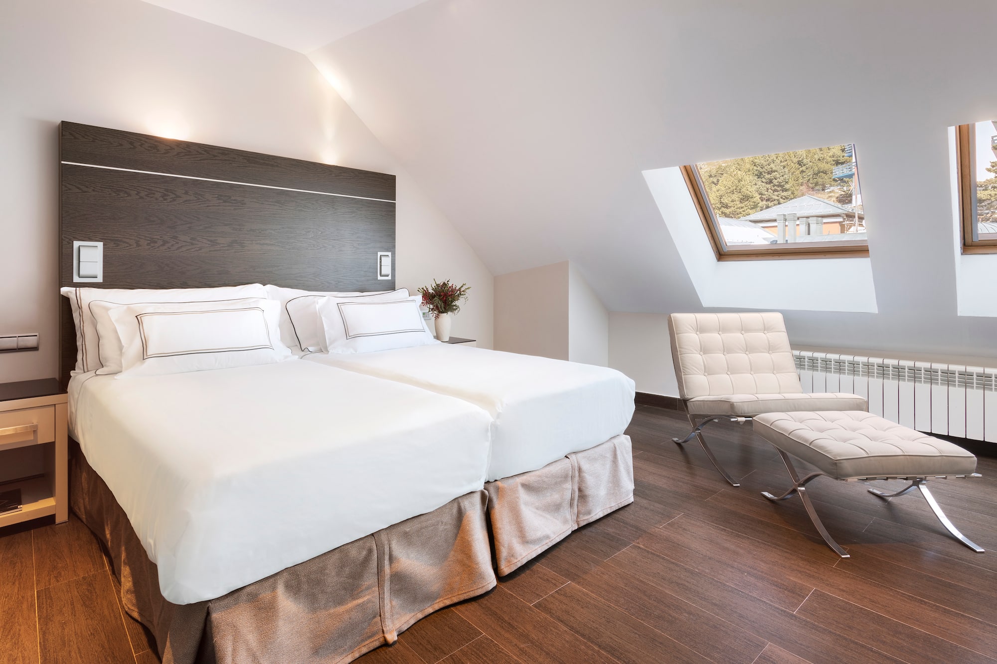 a bedroom with a skylight and two beds