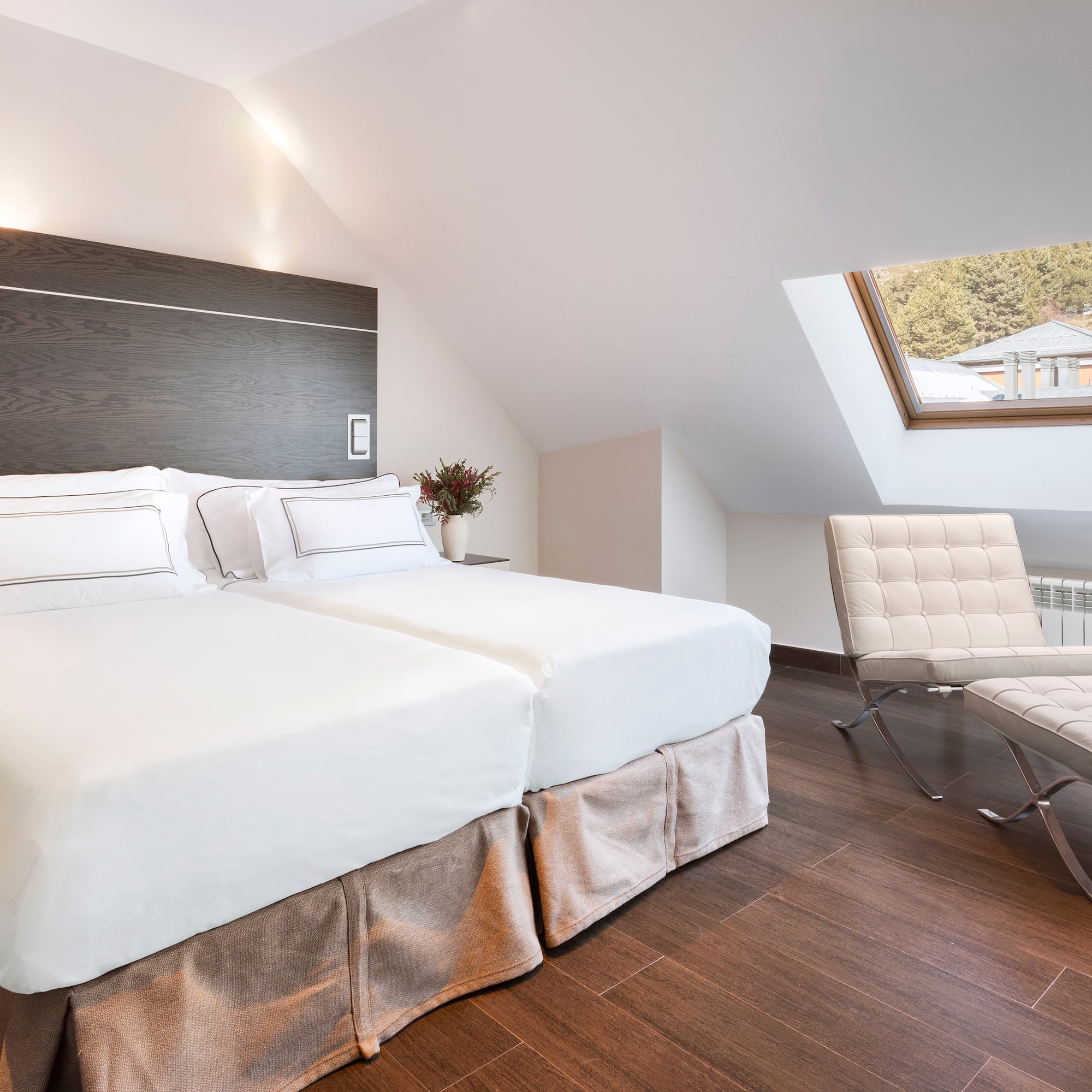 a bedroom with a skylight and two beds