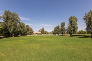 a large grassy field with trees in the background