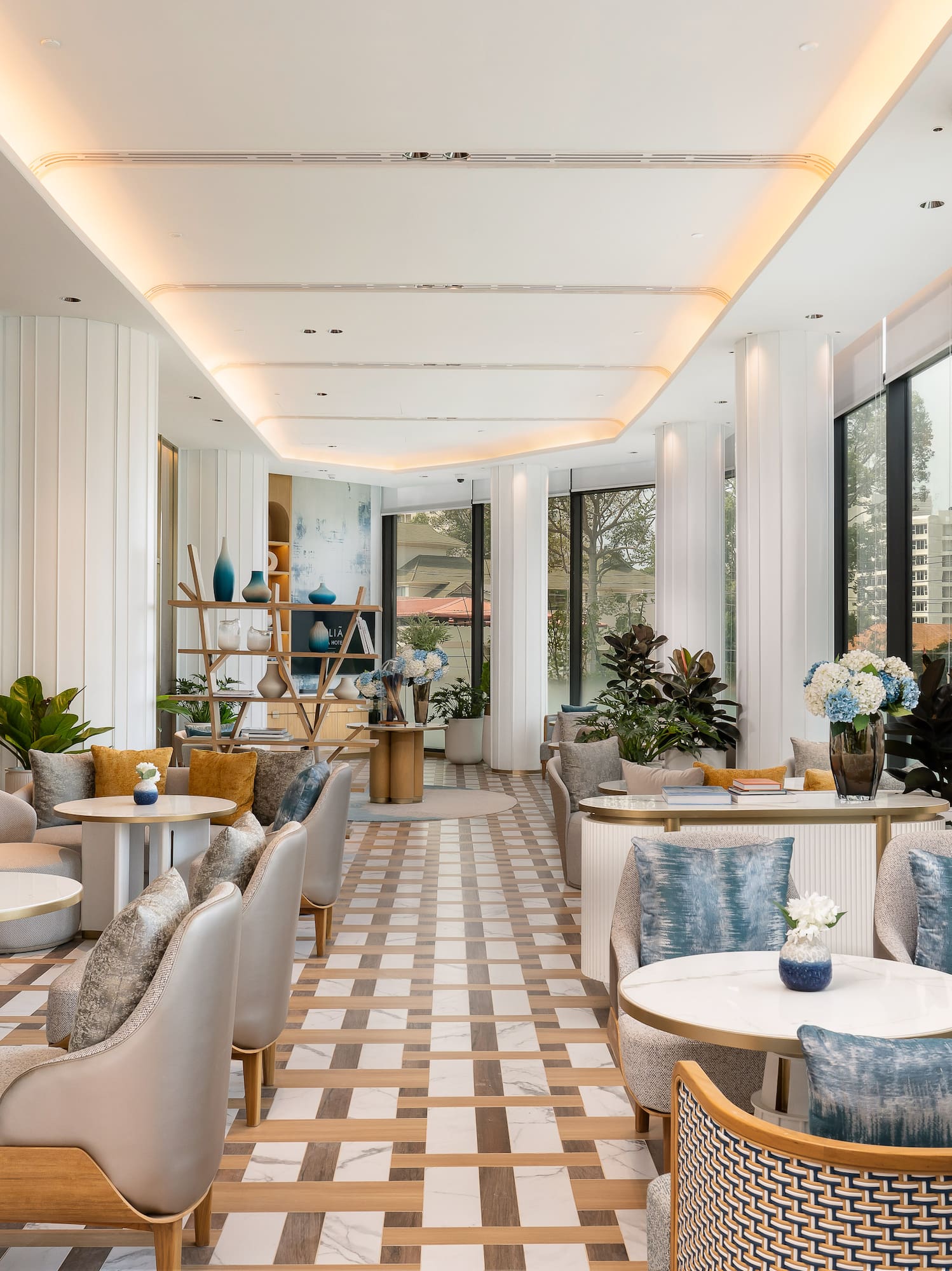 a room with tables and chairs