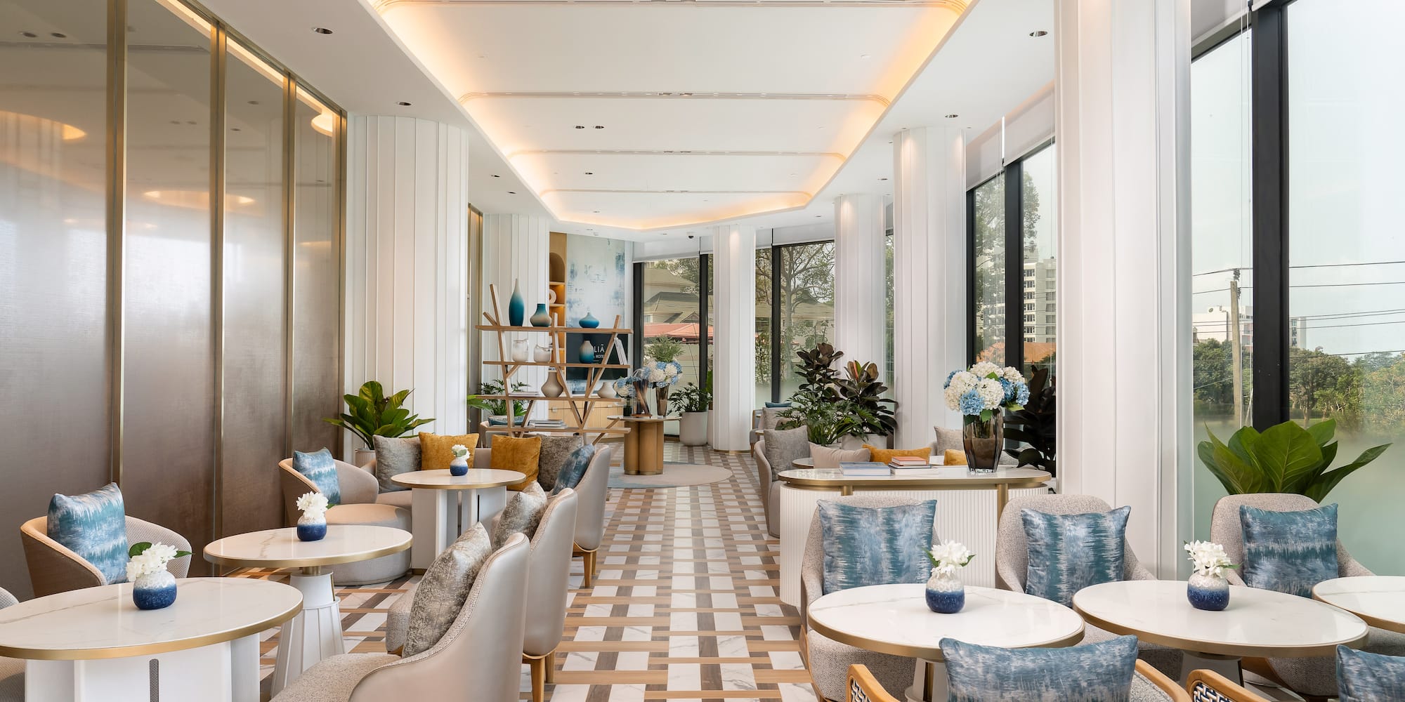 a room with tables and chairs