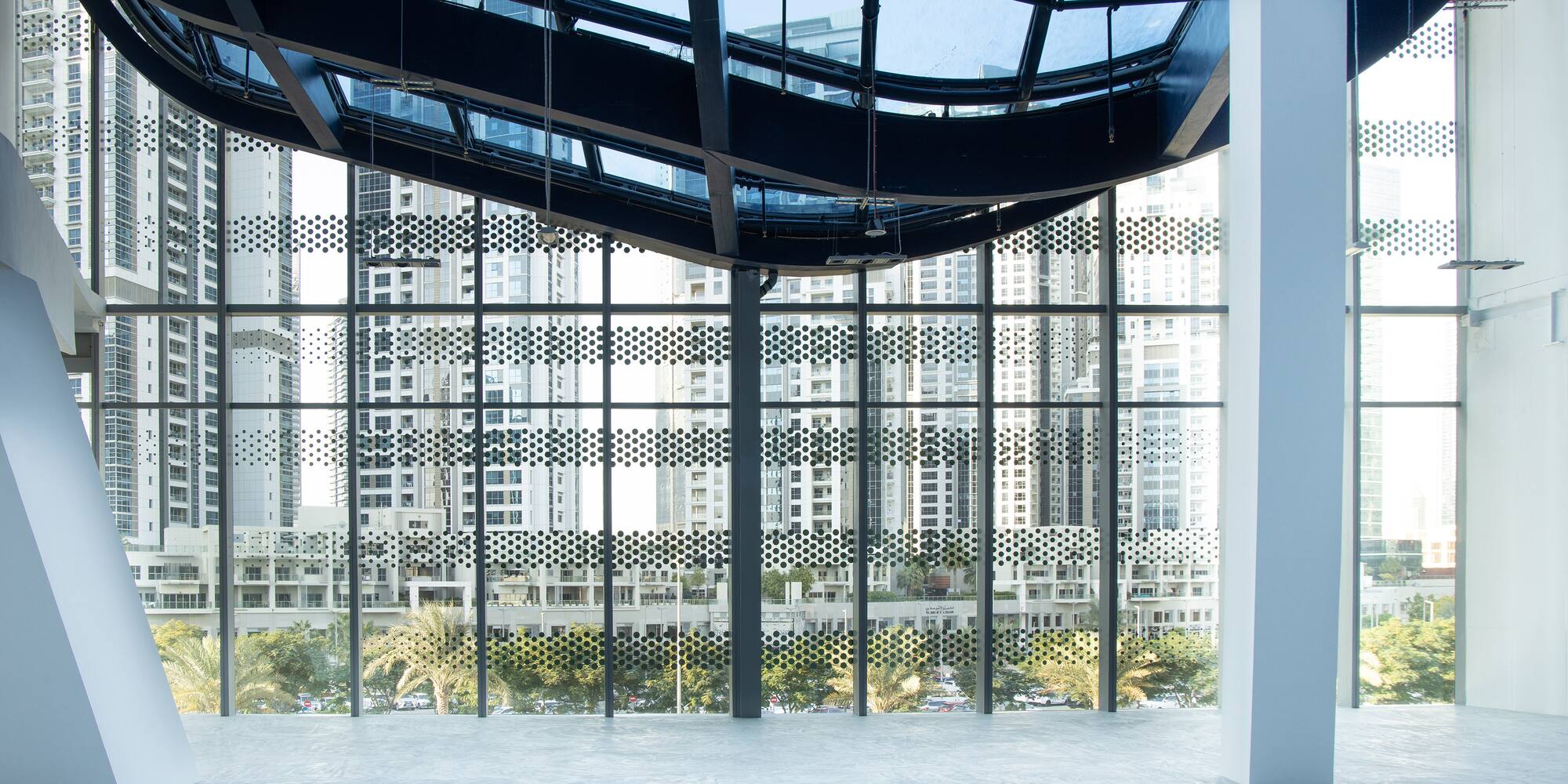 a large room with large windows