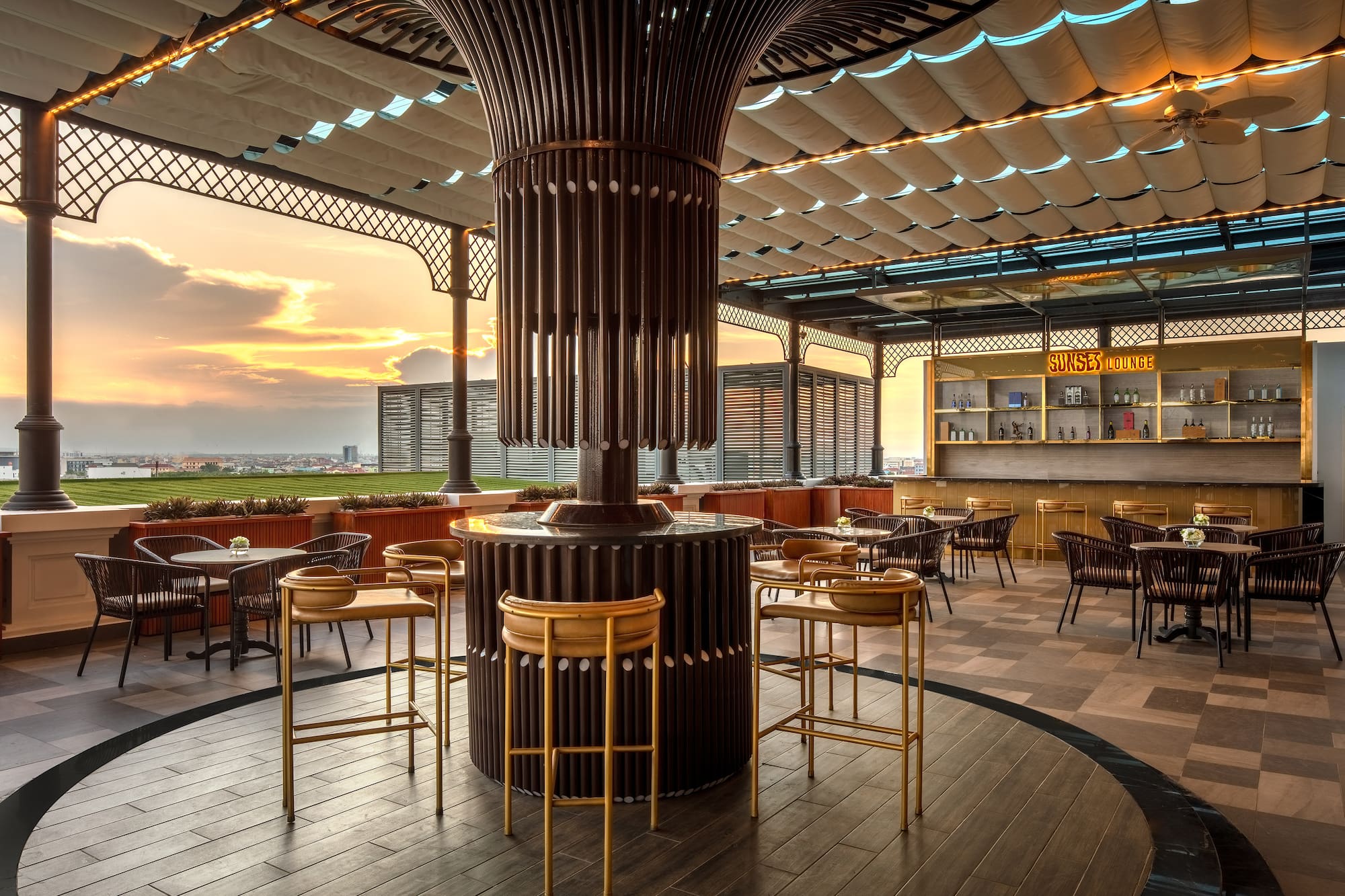 a large outdoor restaurant with tables and chairs