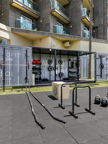 a gym equipment outside of a building