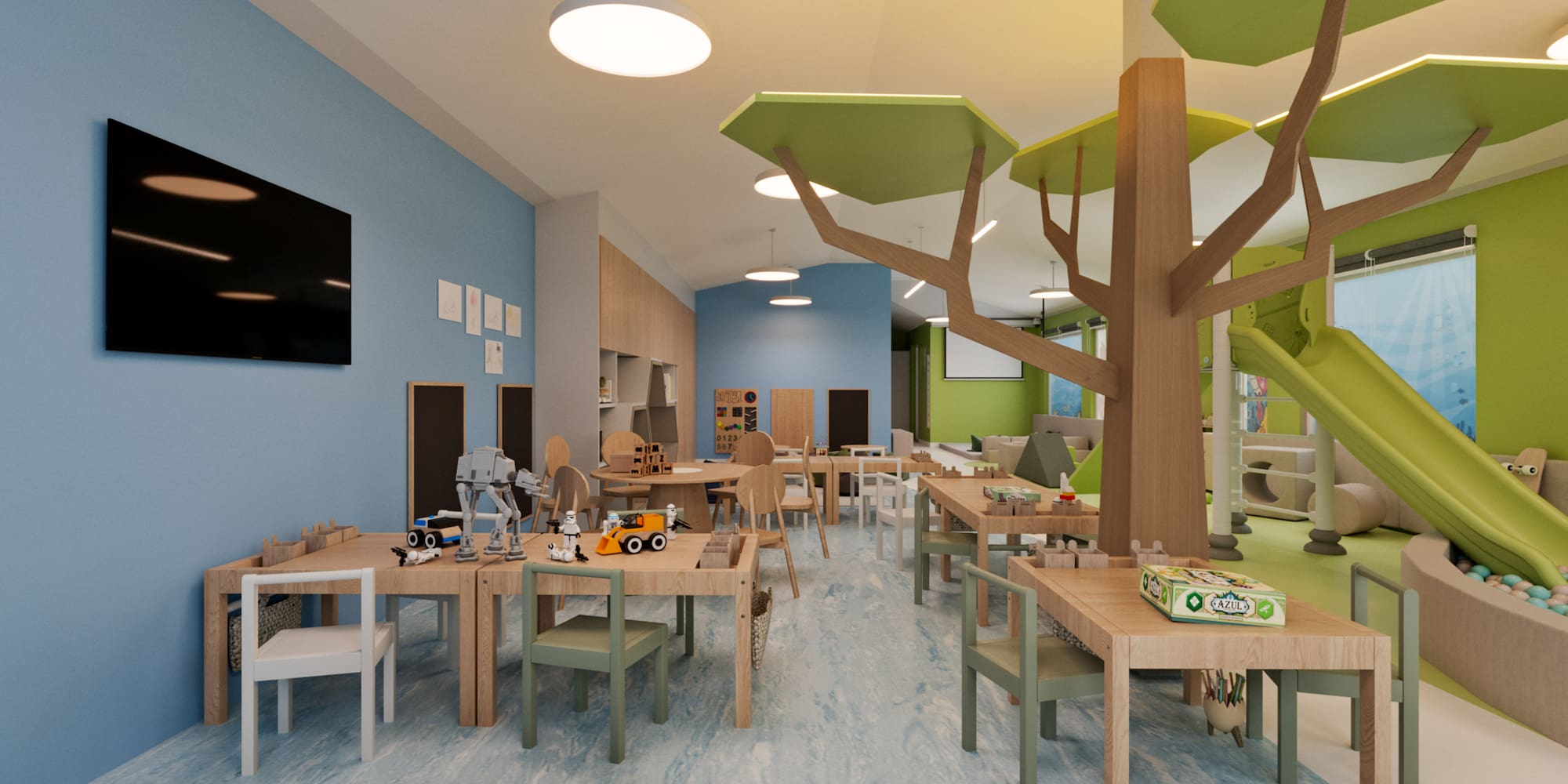 a room with tables and chairs and toys