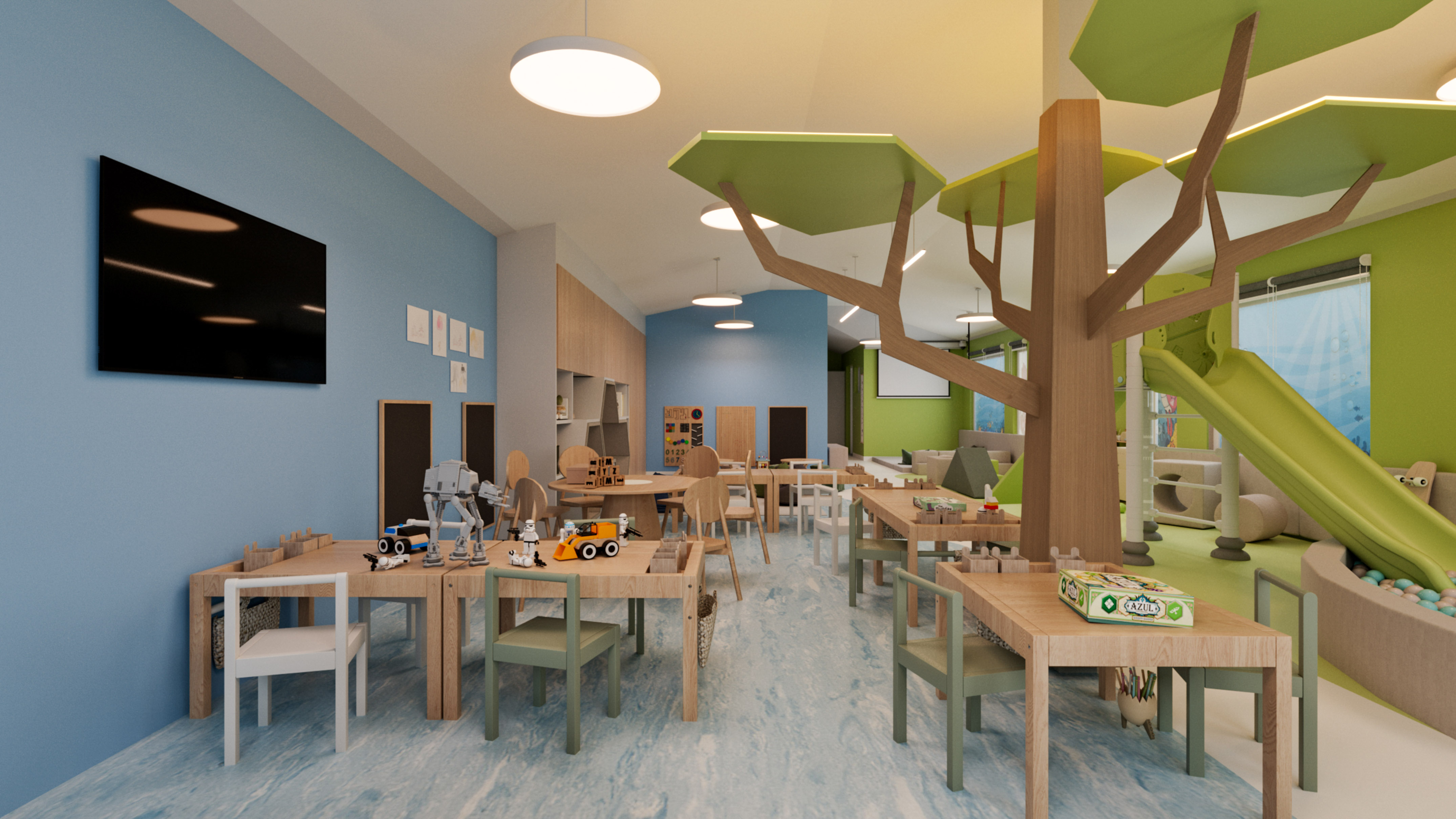 a room with tables and chairs and toys