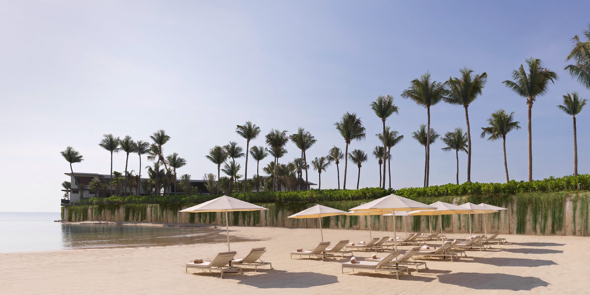 a beach with chairs and umbrellas
