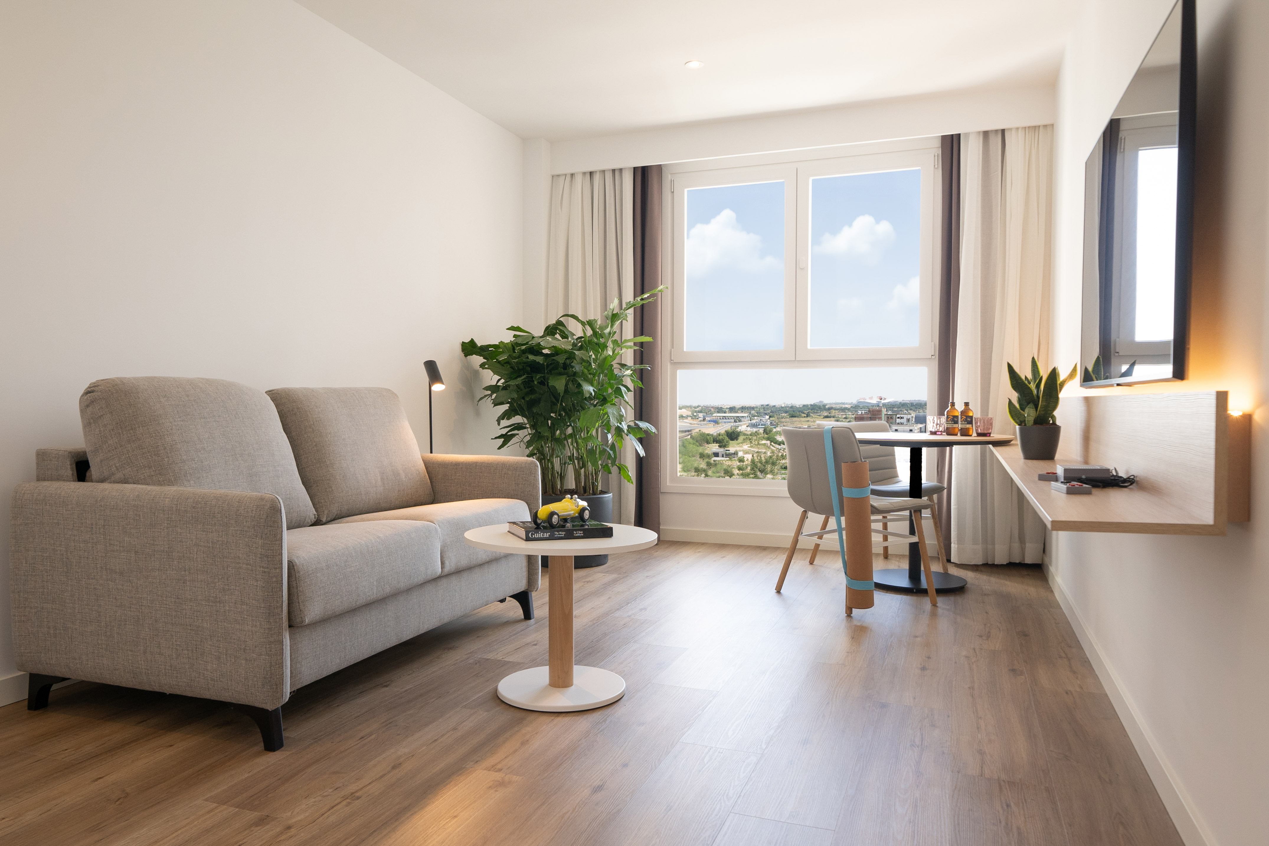 Bright modern apartment living room with sofa, plant, and city view.
