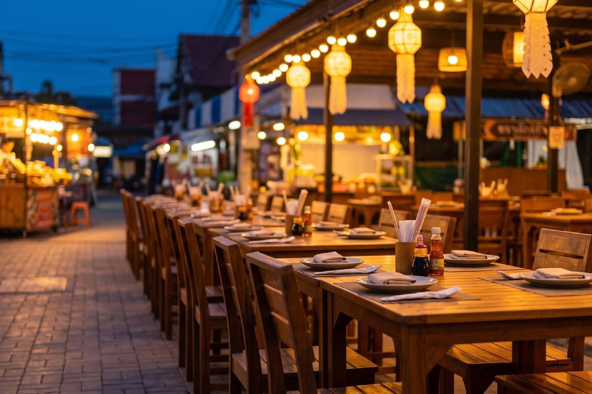 Outdoor night market restaurant with illuminated tables and food stalls.