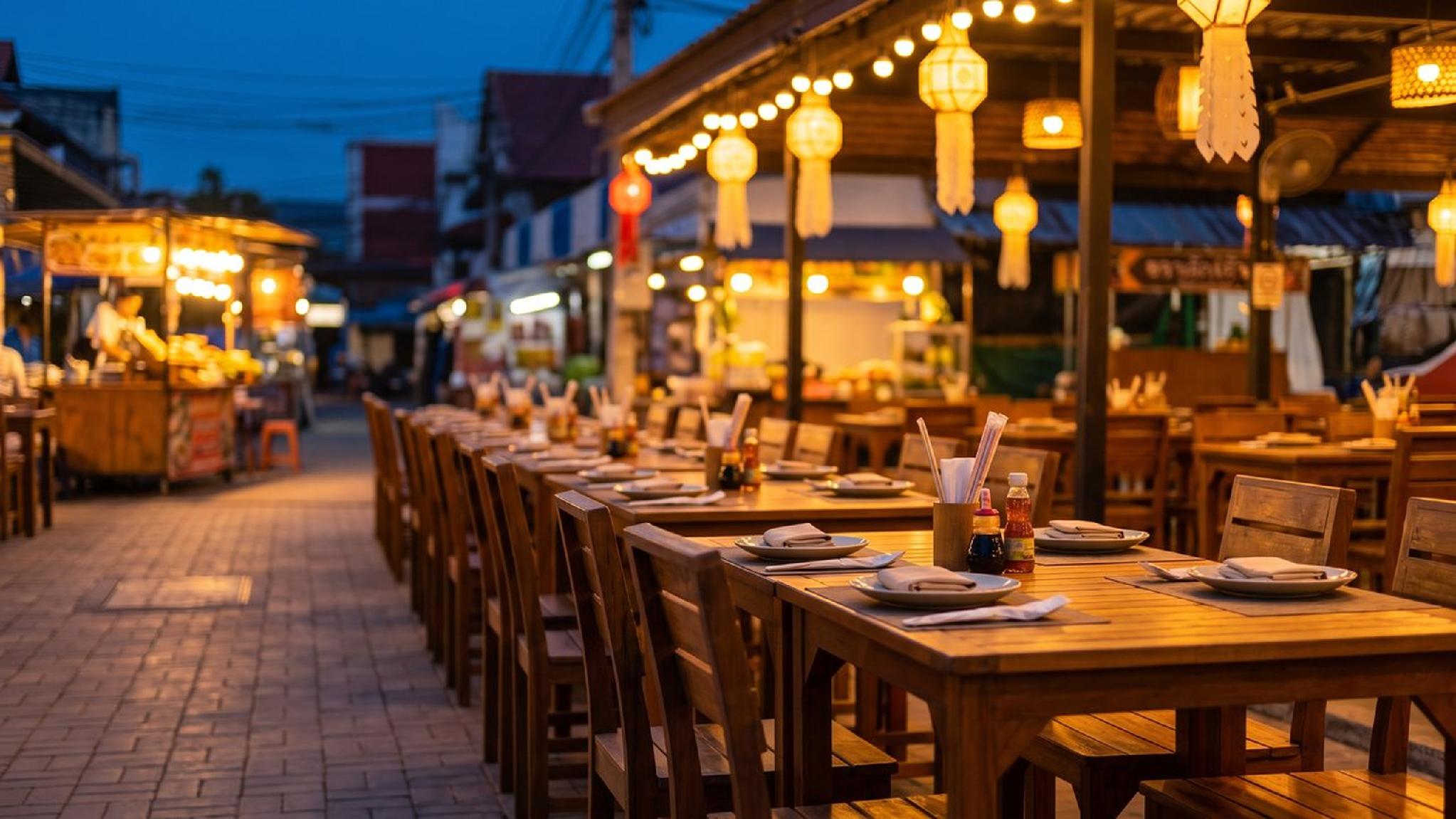 Outdoor night market restaurant with illuminated tables and food stalls.