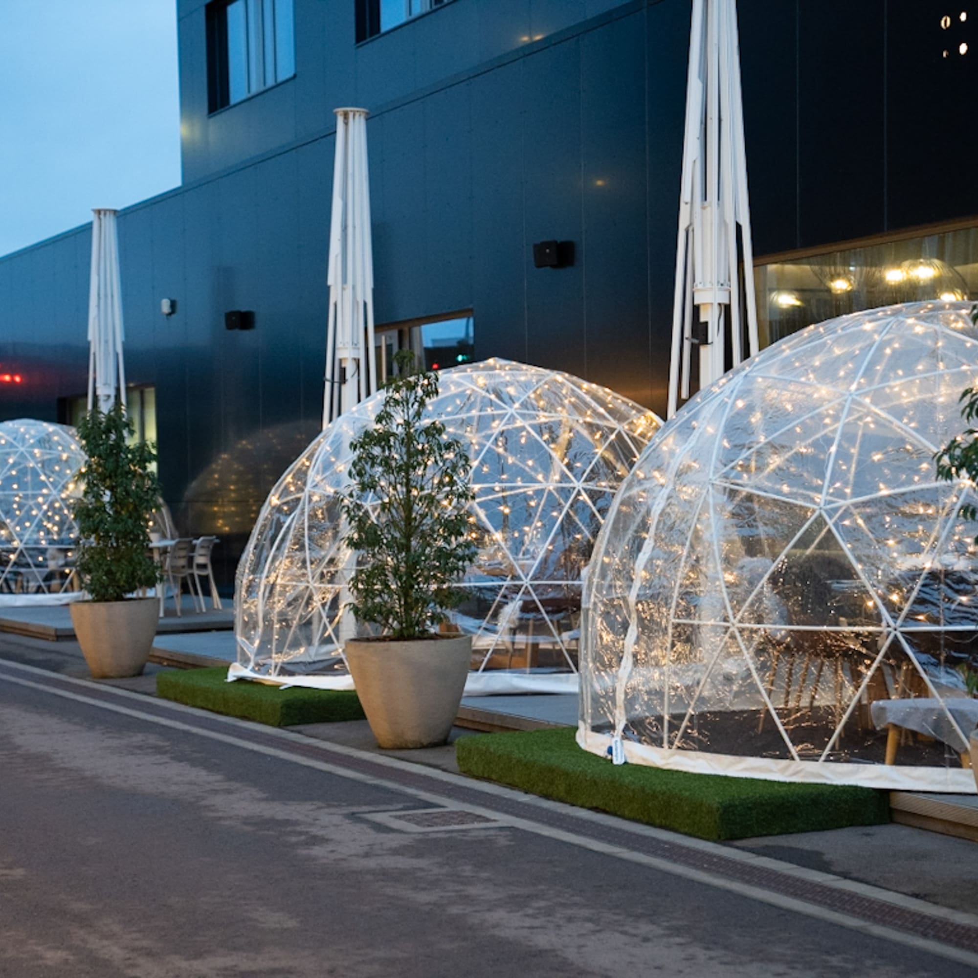 a row of clear dome tents with lights